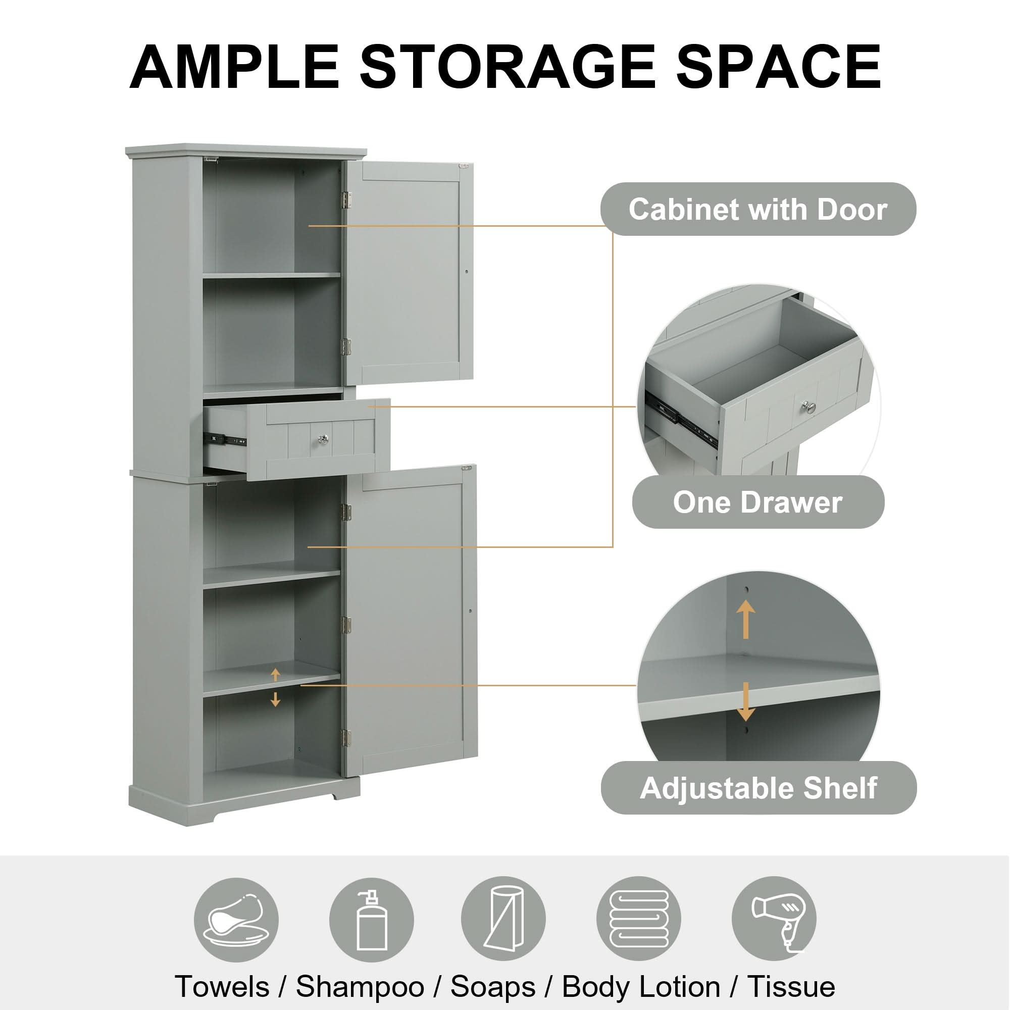 freestanding tall bathroom storage cabinet with one drawers color:grey