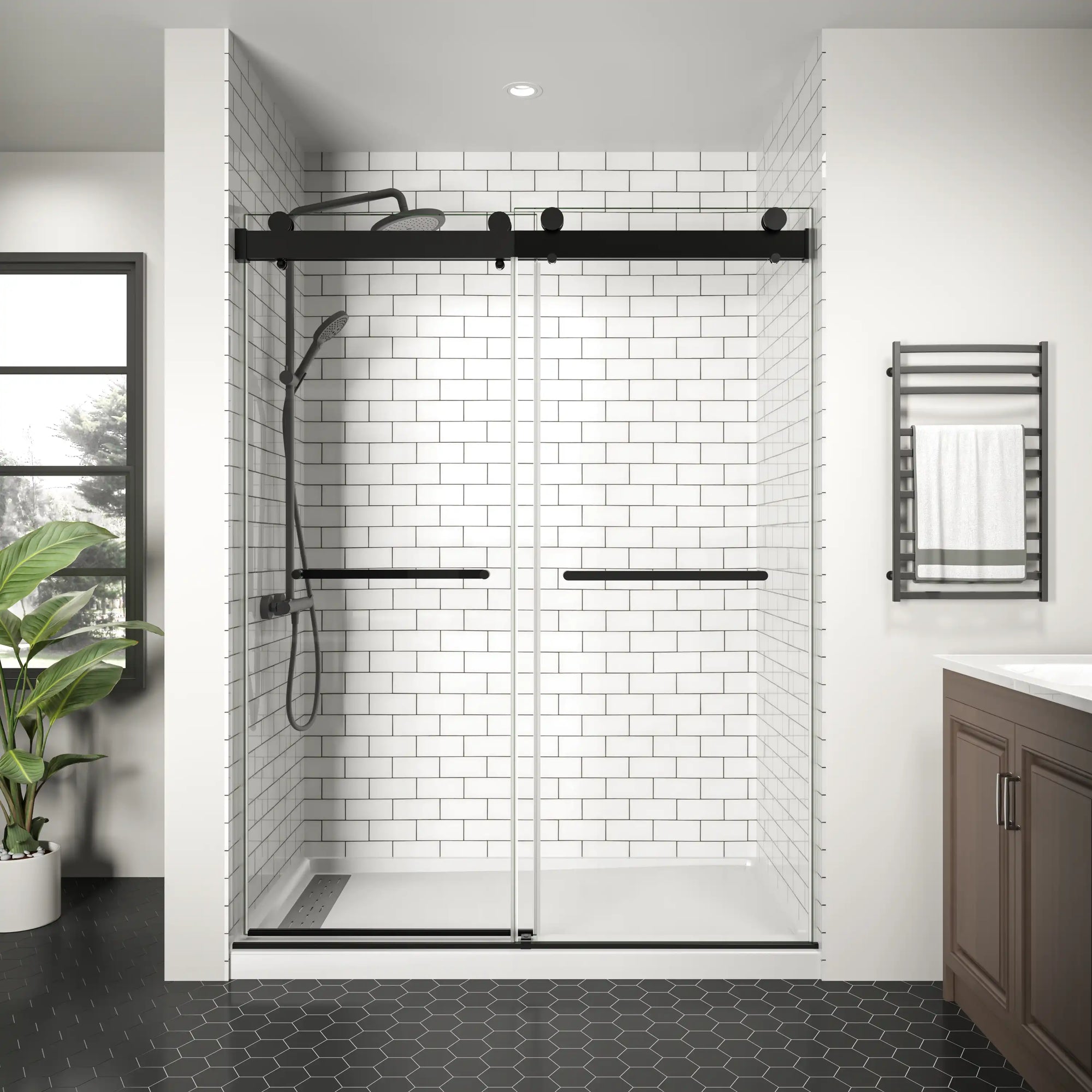 60 x 76 matte black sliding shower door front view in tiled bathroom | Ace Decor