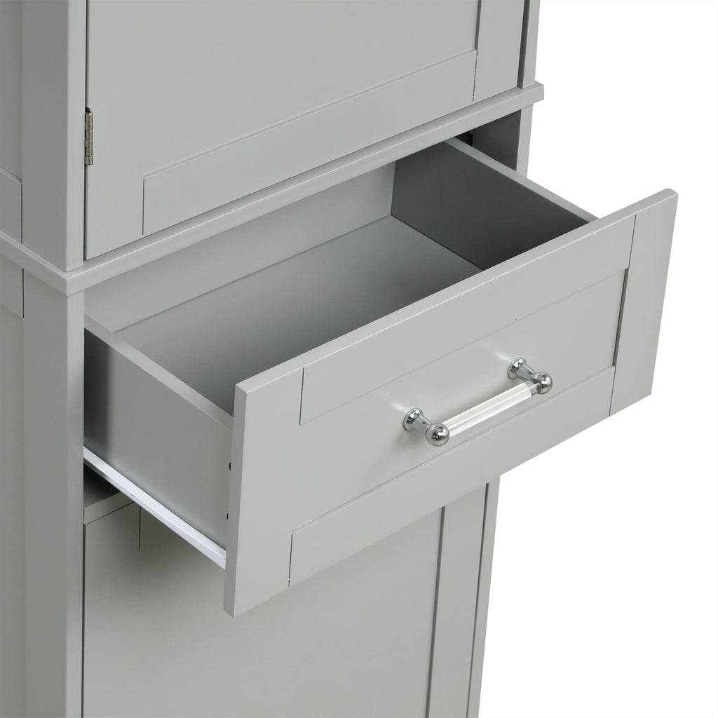 Grey Valmor 68.1 inch tall bathroom storage cabinet with open drawer detail.