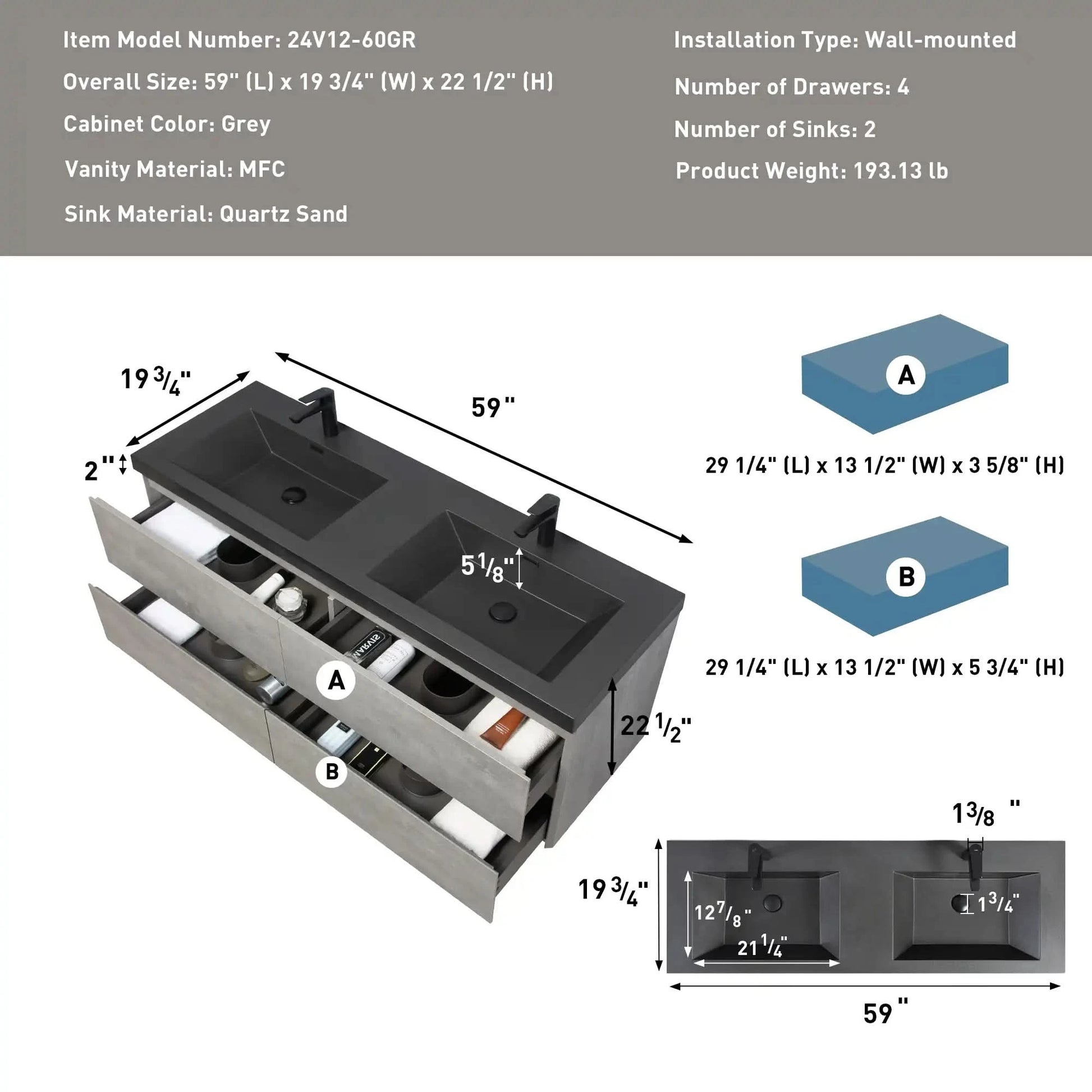 59/71" Grey Modern Floating Bathroom Vanity with Double Black Quartz Top & Soft Close Drawers color: Grey
