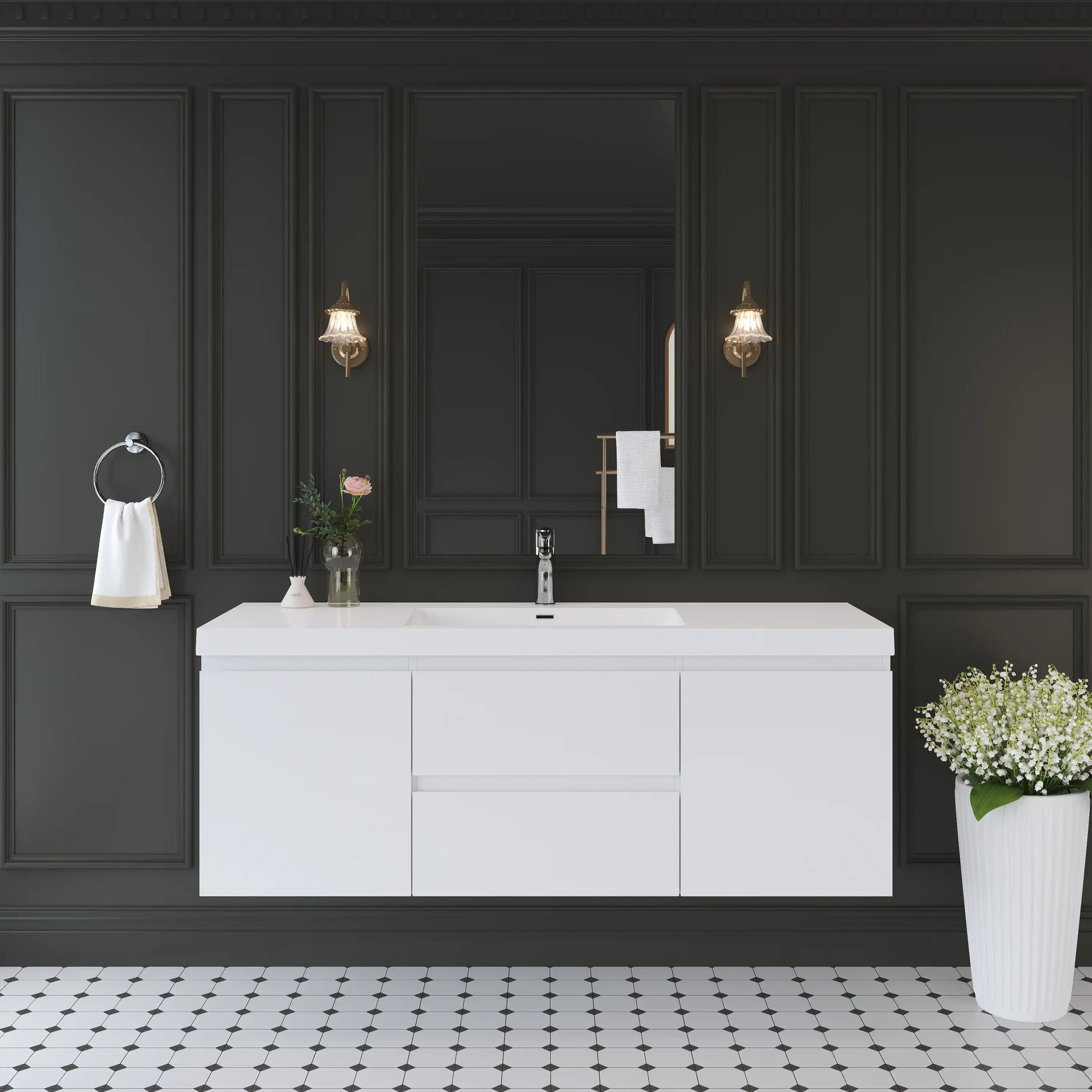 59 inch bathroom vanity in glossy white finish, wall-mounted design for modern bathrooms | Ace Decor