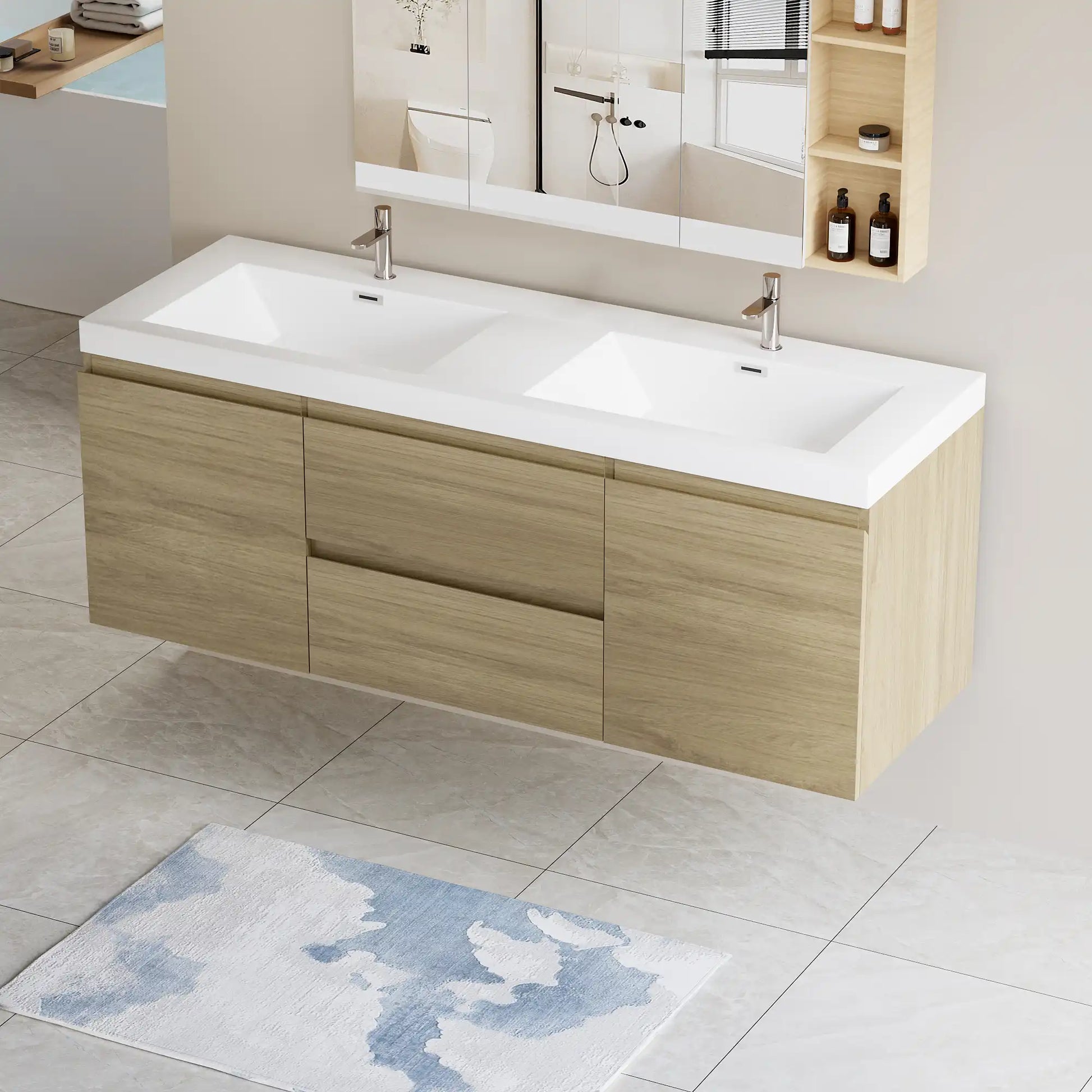 Modern Floating Bathroom Vanity with Resin Top Basin & Soft Close Drawers - Wall-Mounted Storage Cabinet color: Oak