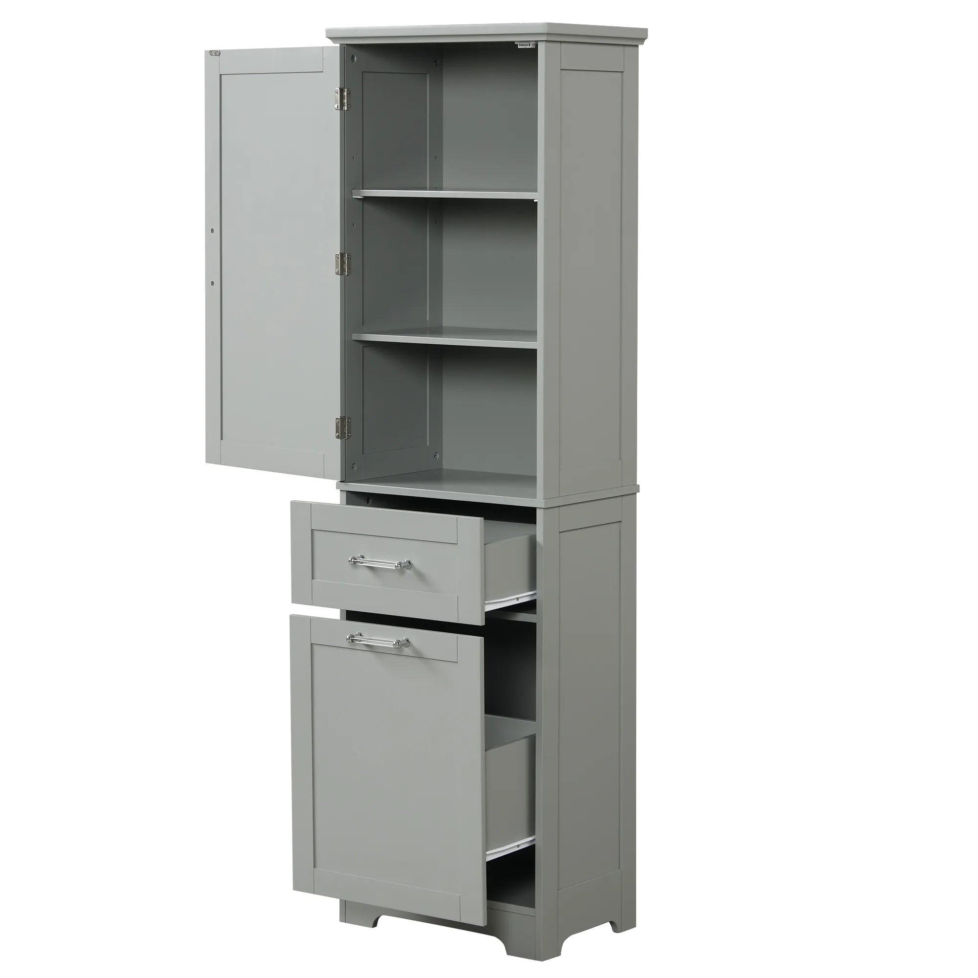 Grey Valmor 68.1 inch tall bathroom storage cabinet with open drawers and cabinet door.