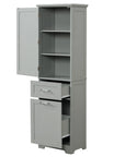 Grey Valmor 68.1 inch tall bathroom storage cabinet with open drawers and cabinet door.