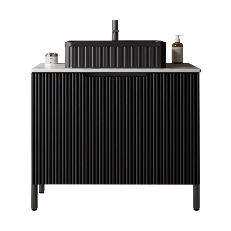 30" Sleek Black Bathroom Vanity with Sink: Freestanding Storage Cabinet, Ceramic Basin, Carrara Stone Countertop