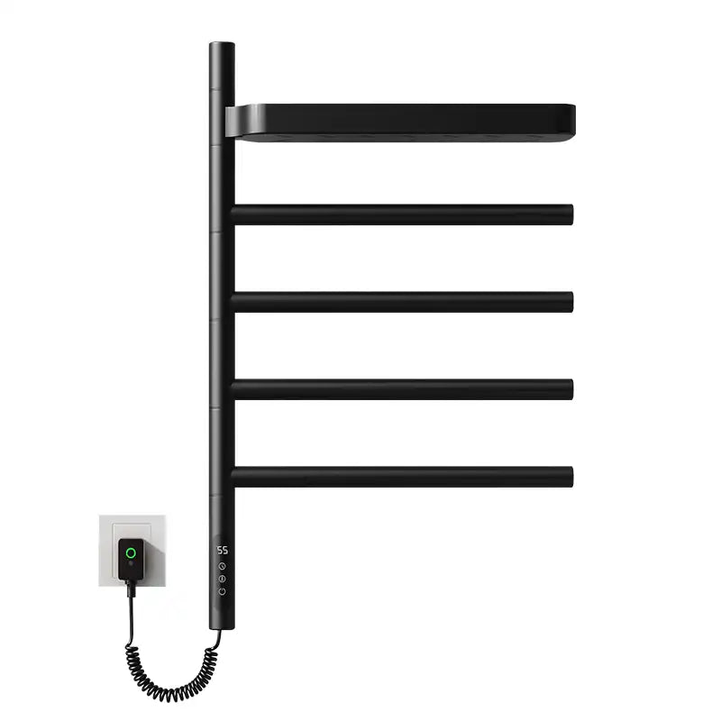 Cylion Series 18&quot; x 27&quot; Electric Towel Warmer with Round Bars and Shelf - Black