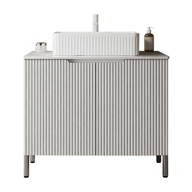 30" Cream White Bathroom Vanity with Sink: Freestanding Storage Cabinet, Ceramic Basin, Carrara Stone Countertop