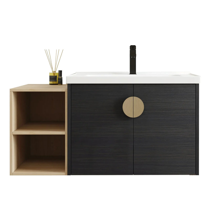 Civetta-Plain Series 40" Black Floating Bathroom Vanity with Round Brass Handle & Integrated Sink