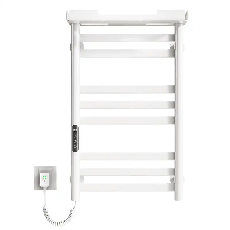 18 x 27 white wall-mounted hot towel warmer for home with LED touch screen and plug-in power design | Ace Decor