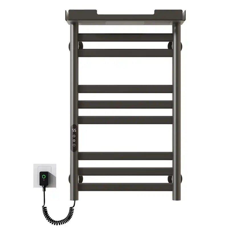 Front view of 18 x 27 gray wall-mounted hot towel warmer with LED touch control and plug-in design | Ace Decor