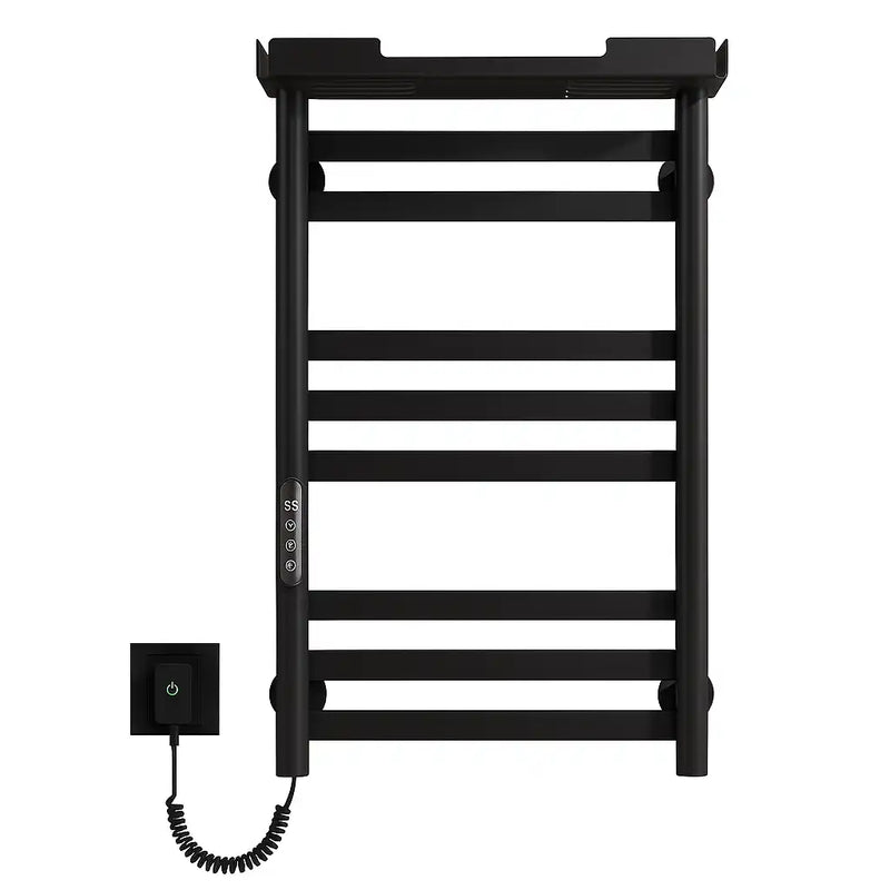Thervon Series 18" x 27" Wall-Mounted Heated Towel Rack with Shelf - Black
