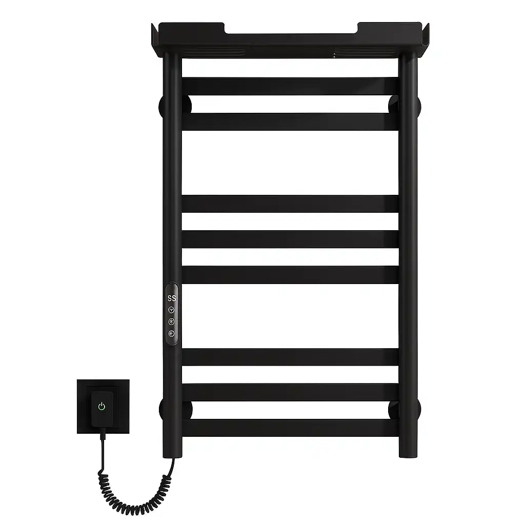 Black Thervon Series towel warmer nearby 18 x 27 minimalist wall-mounted design for modern bathrooms | Ace Decor