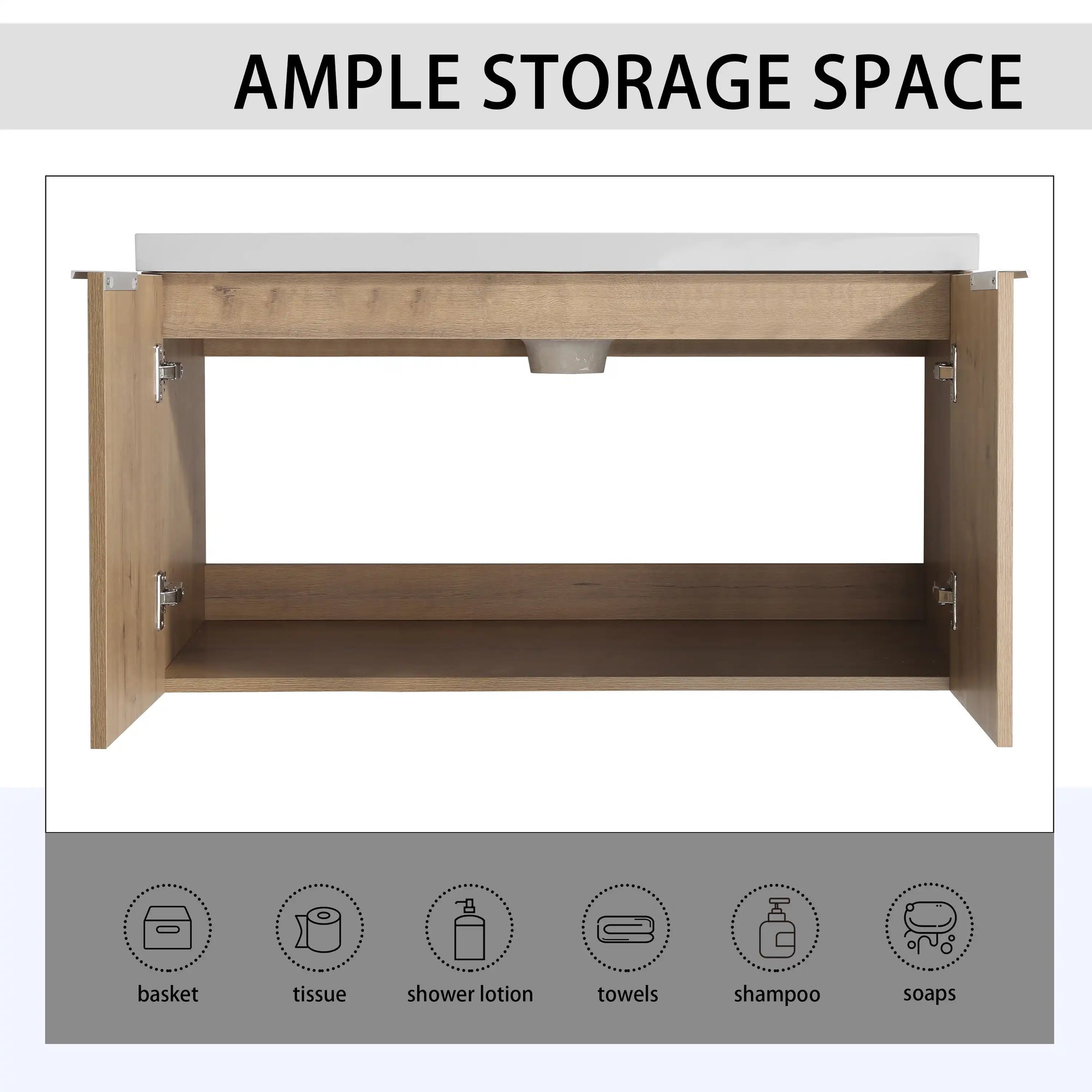 Monterey Series 36" Floating Bathroom Vanity in Imitative Oak with Integrated Sink and Double-Door Storage Cabinet