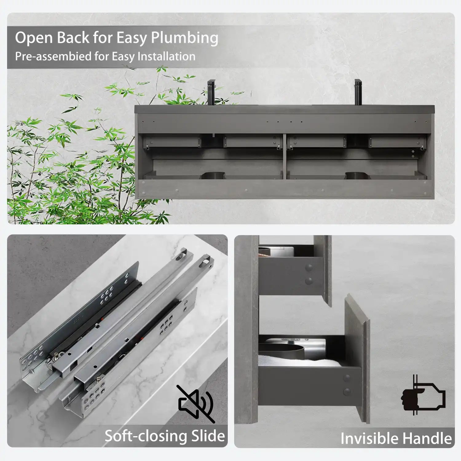 Grey floating vanity showing open-back design, soft-close slides, and invisible handles | Ace Decor