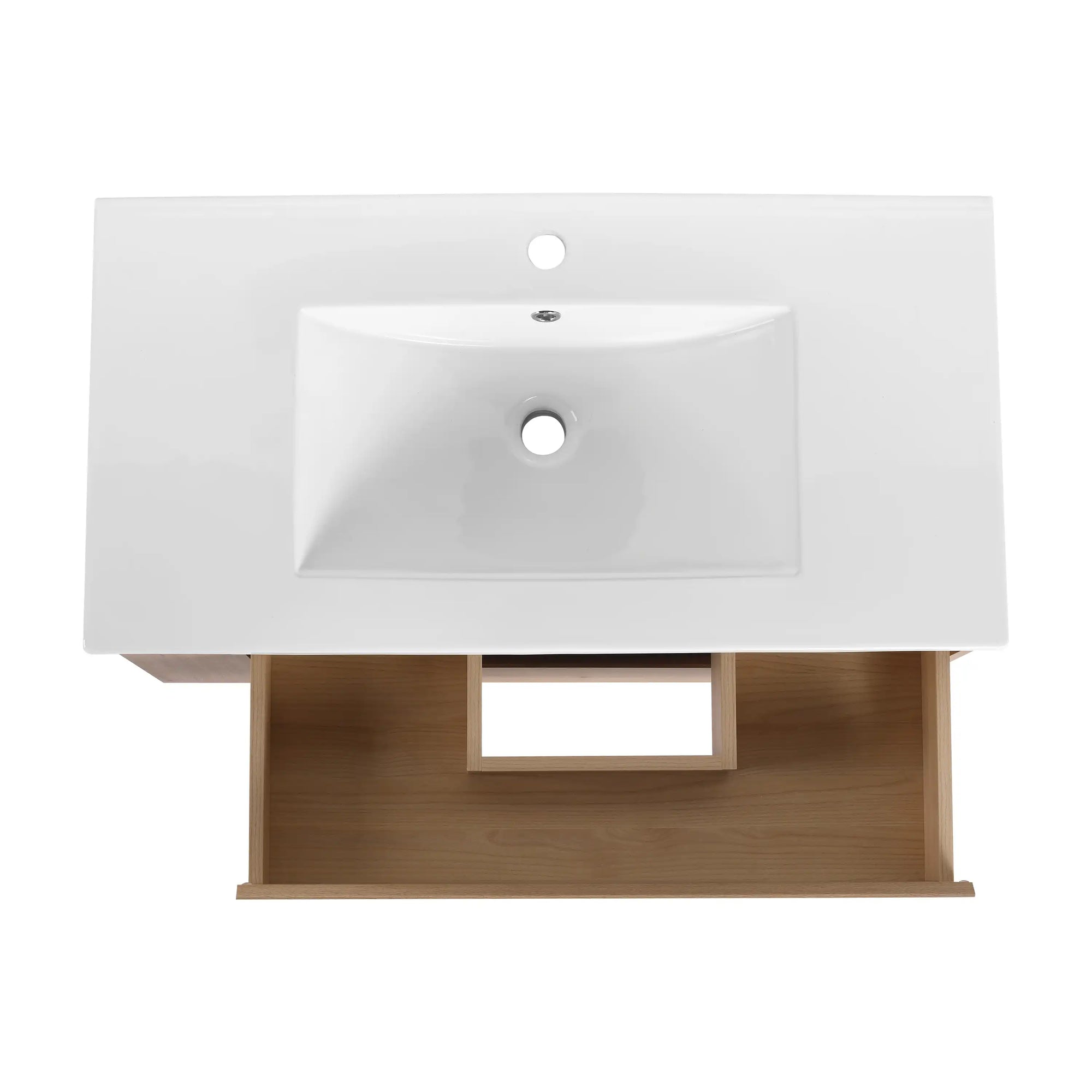 36" wall mounted bathroom vanity with open bottom storage shelf and integrated sink top | Ace Decor