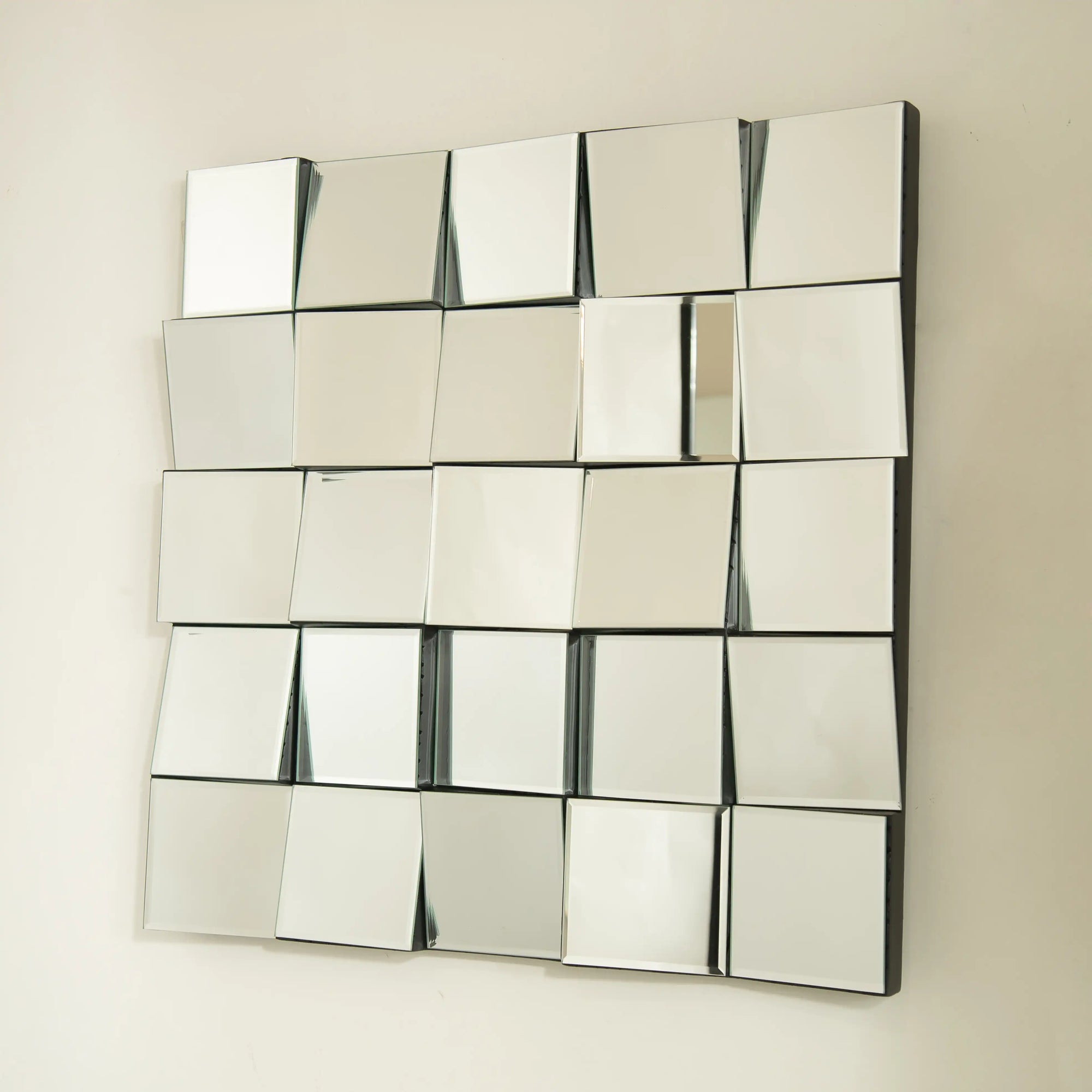 Close-up of 24-inch modern entryway mirror and bench mirror featuring angled geometric cubes | Ace Decor