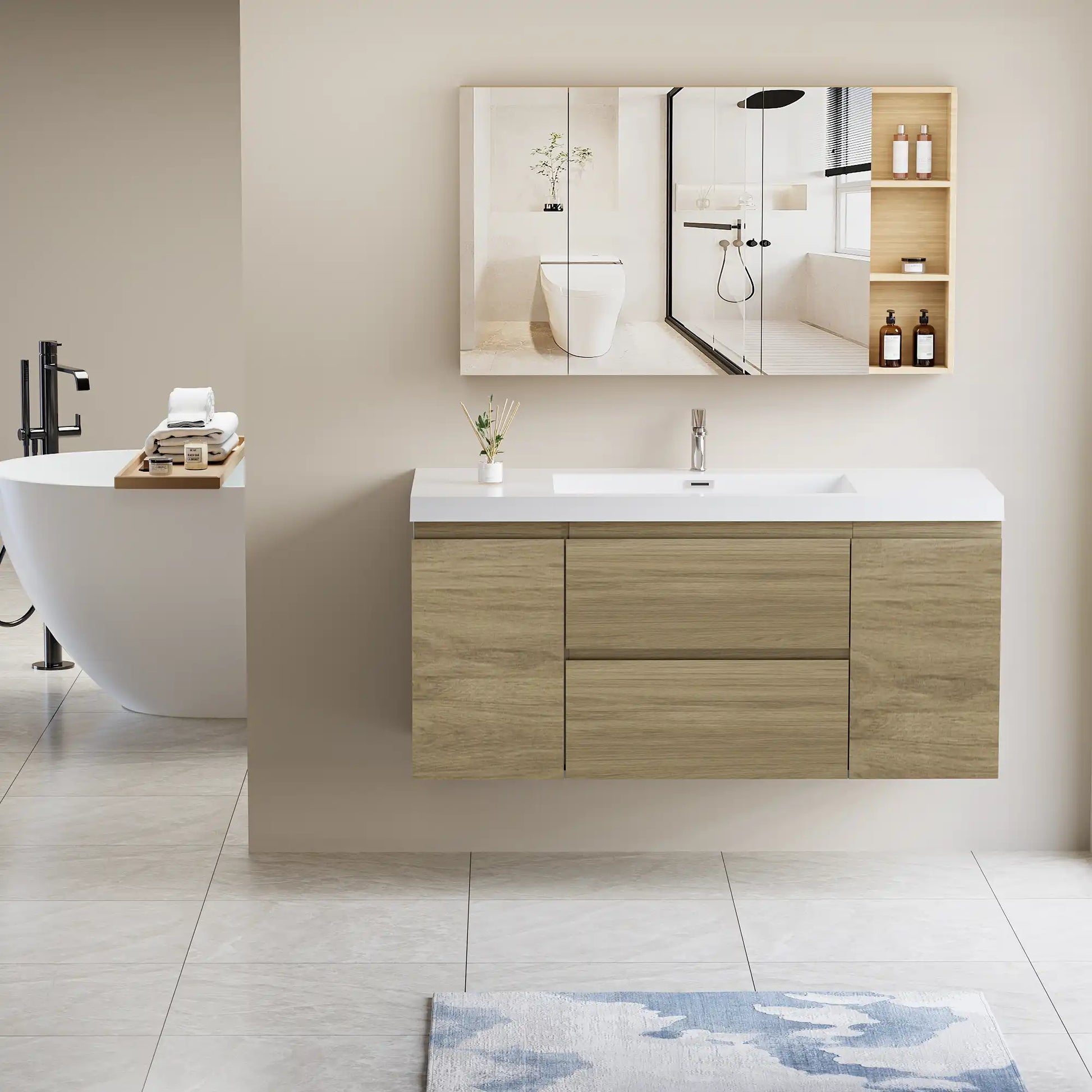 Modern Floating Bathroom Vanity with Resin Top Basin & Soft Close Drawers - Wall-Mounted Storage Cabinet color: Oak