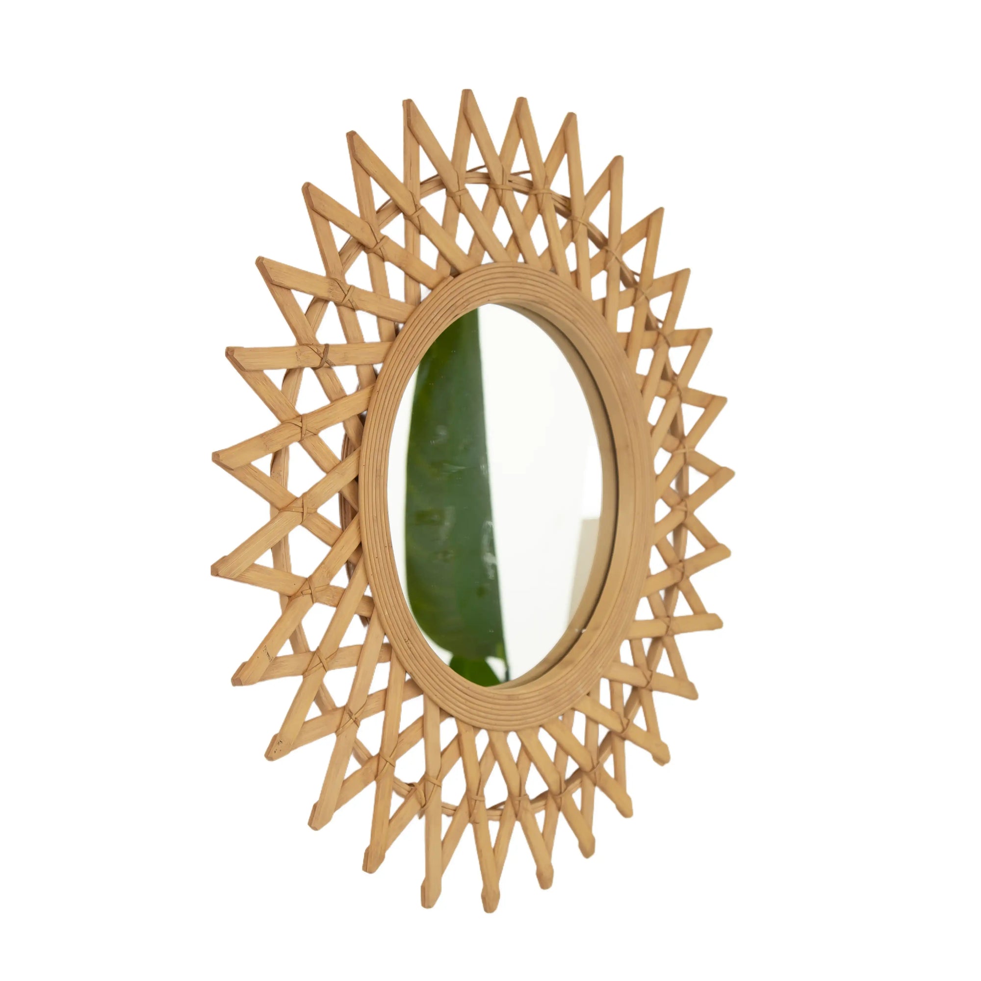 Side view of the 24-inch bamboo bathroom mirror with handwoven sunburst frame | Ace Decor