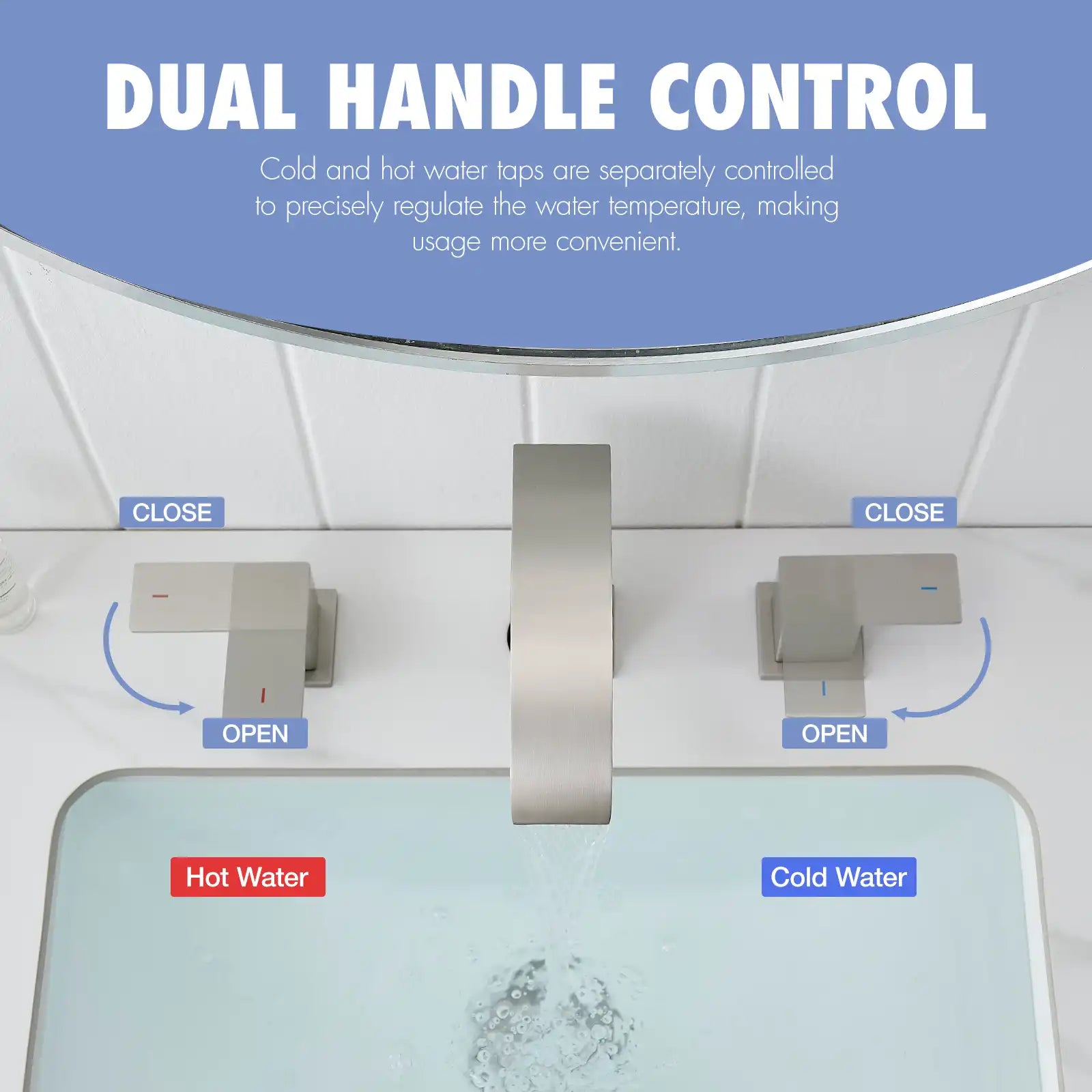 Modern bathroom faucet with dual handles for separate hot and cold water control, brushed nickel finish