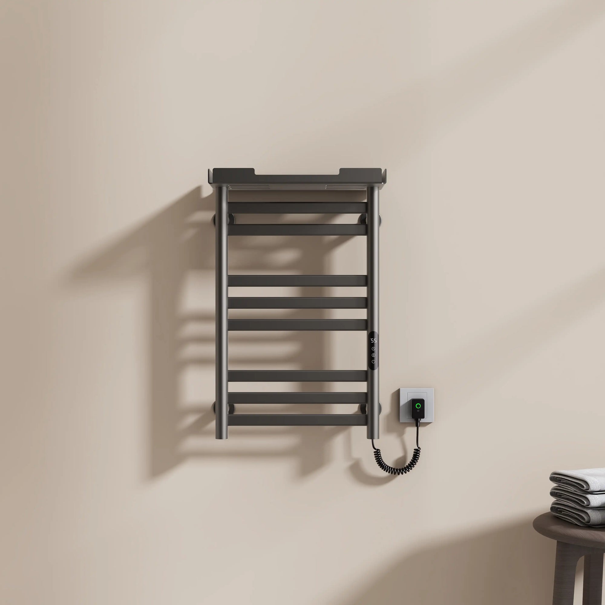 Minimalist gray 18 x 27 hot towel warmer with LED touch control and plug-in design | Ace Decor