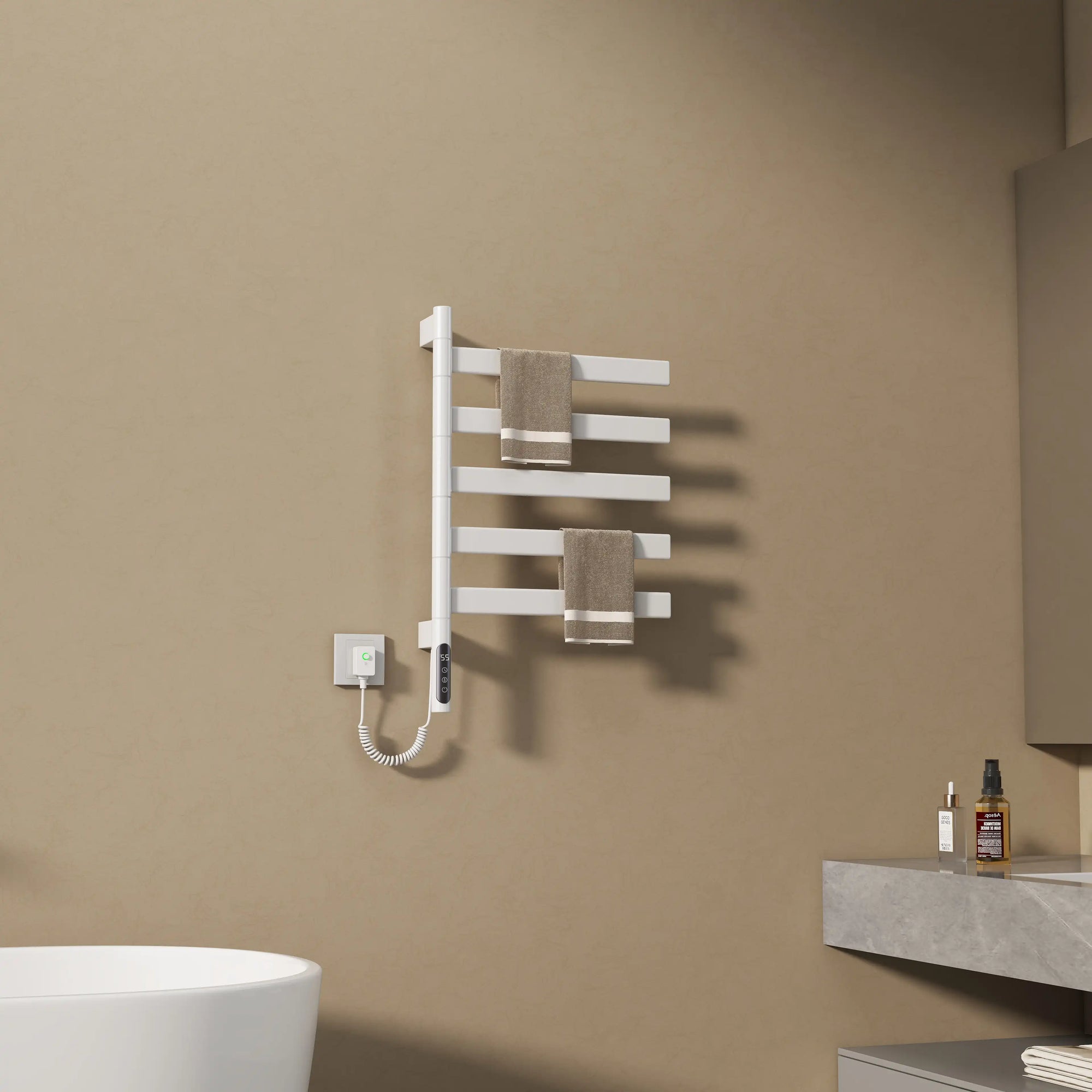 White heated towel rail radiator holding two brown towels, ideal for modern bathroom spaces | Ace Decor