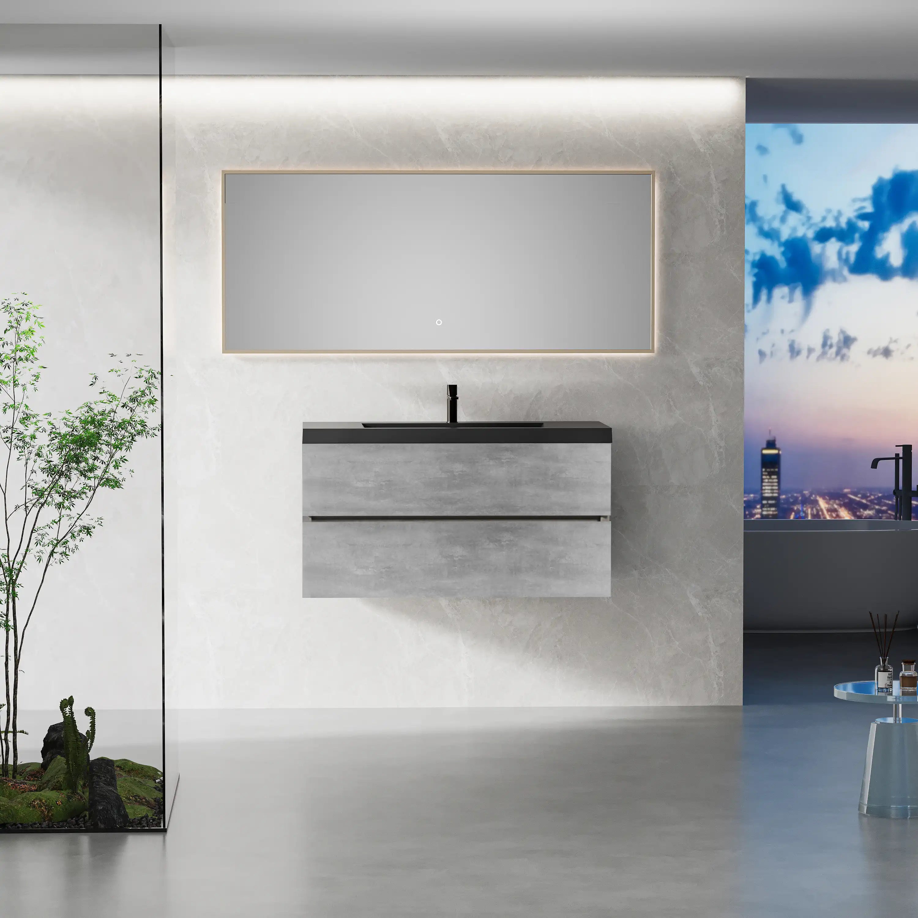 23''-47'' Floating Dark Grey Corner Vanity with Matte Black Sink - 2 Soft Close Drawers