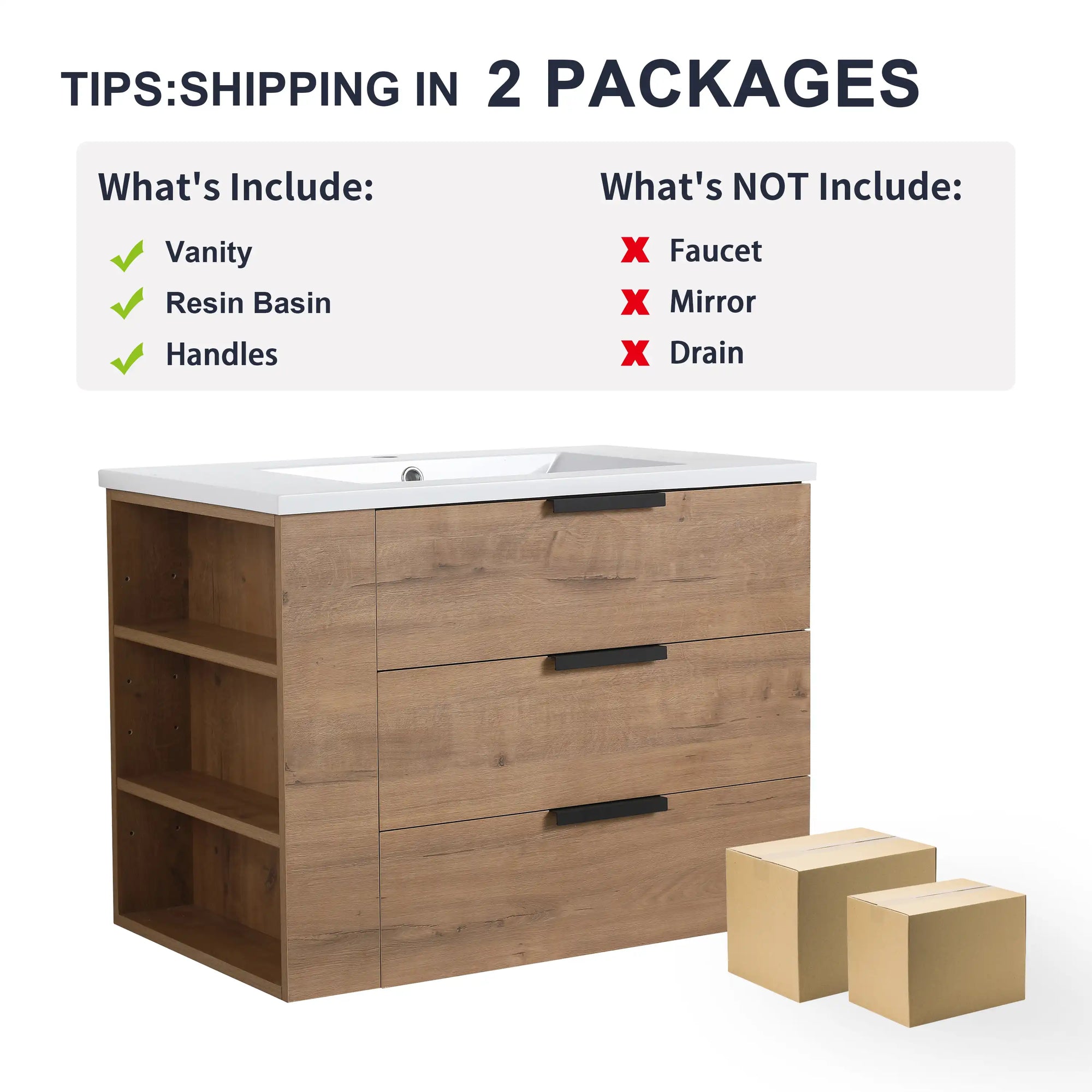30" oak bathroom vanity shipped in two packages with integrated sink included | Ace Decor