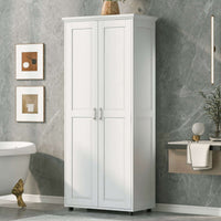 71.25-inch white tower bathroom cabinet in a modern bathroom with marble walls, bathtub, and vanity.