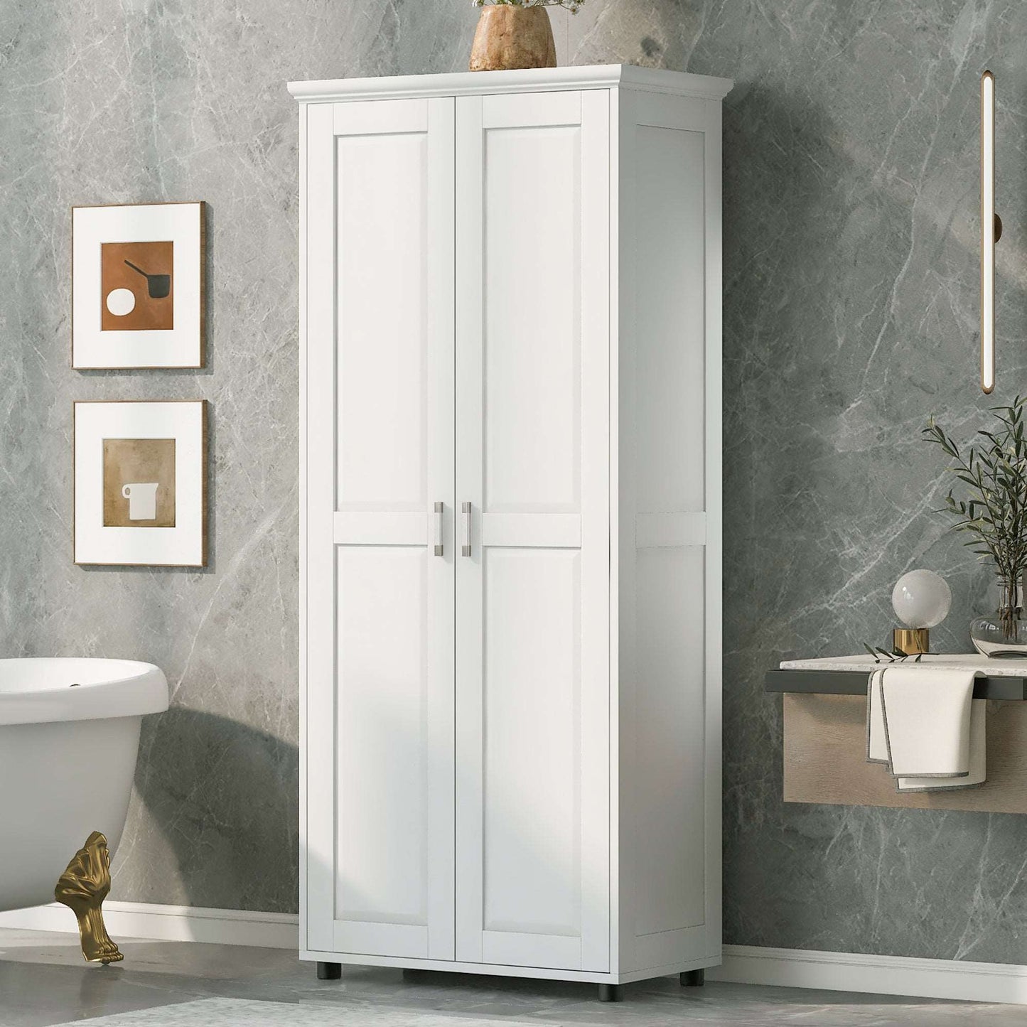 bathroom white cabinet with two doors for adjustable shel
