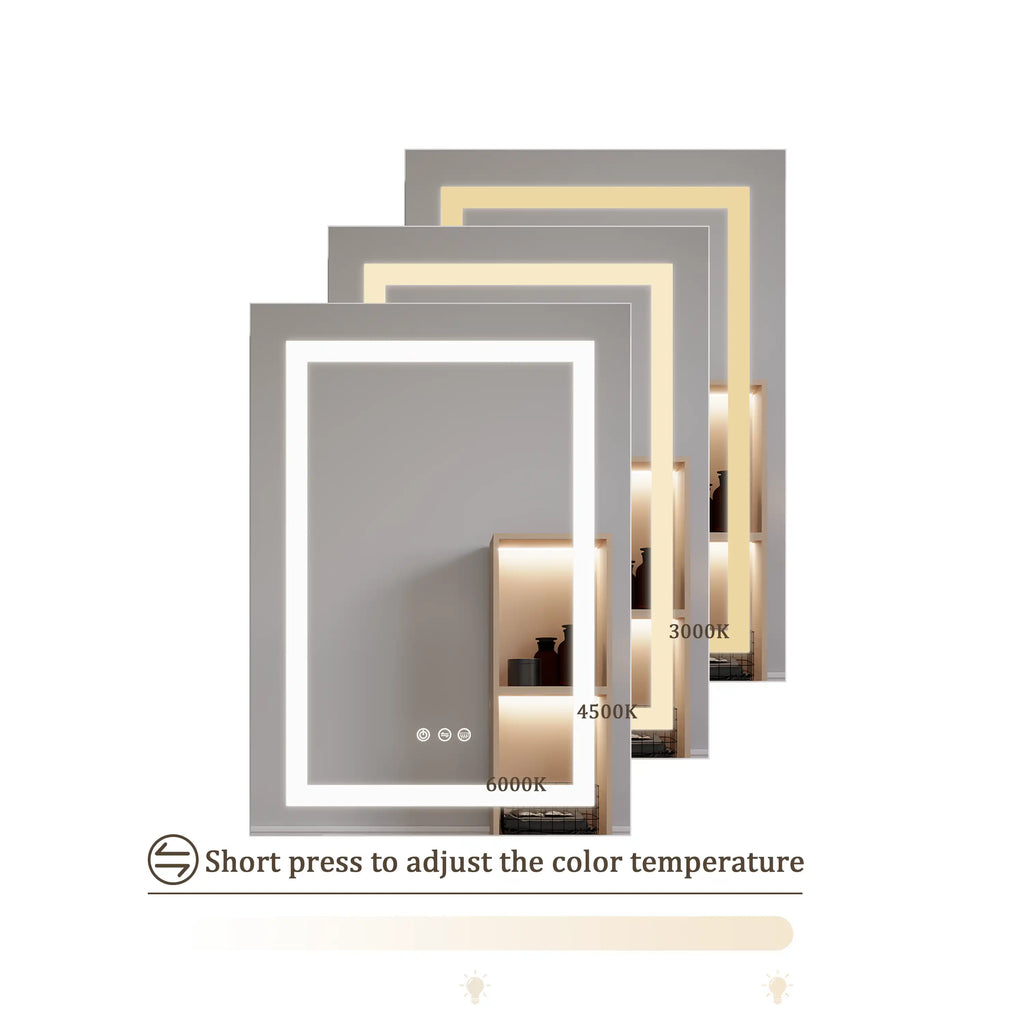 Hawley 26 inch LED light mirror bathroom cabinet with adjustable color temperature, showing warm 3000K, neutral 4500K, and cool 6000K lighting.