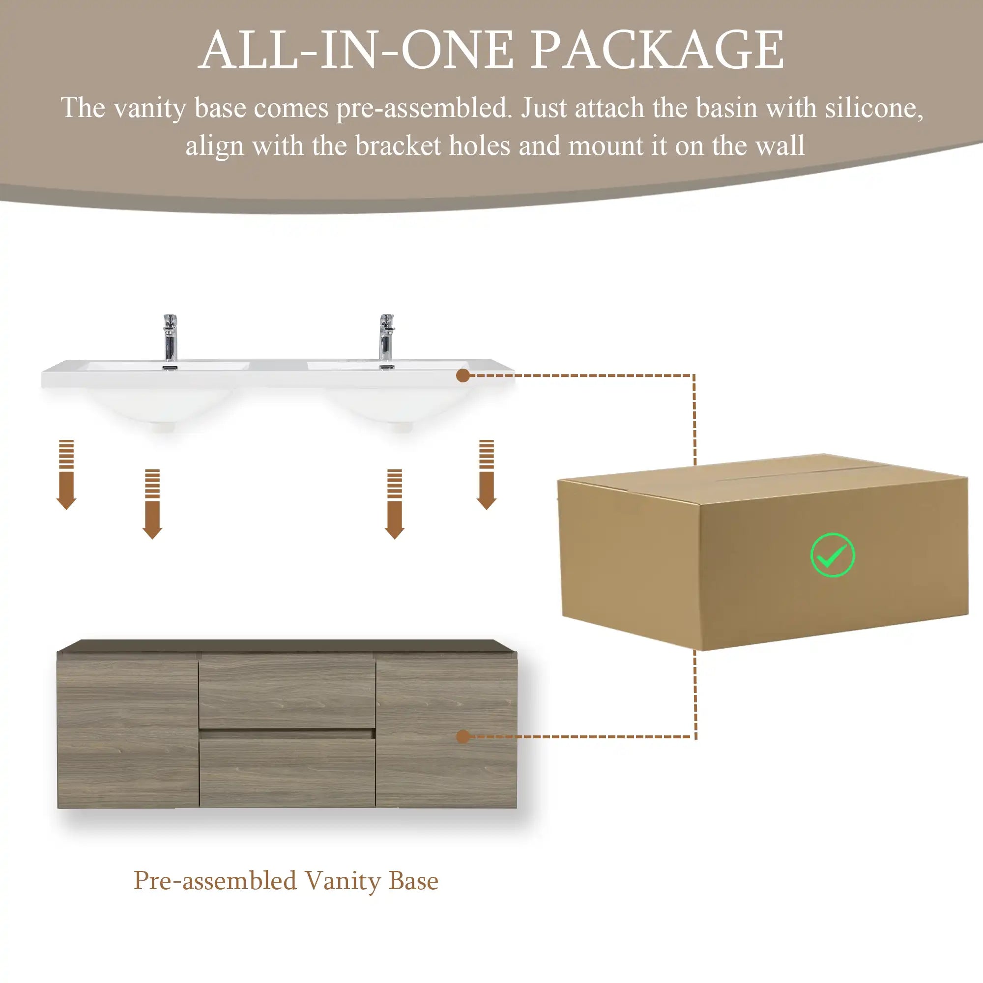 59 inch double sink vanity with pre-assembled floating base and integrated countertop installation diagram | Ace Decor