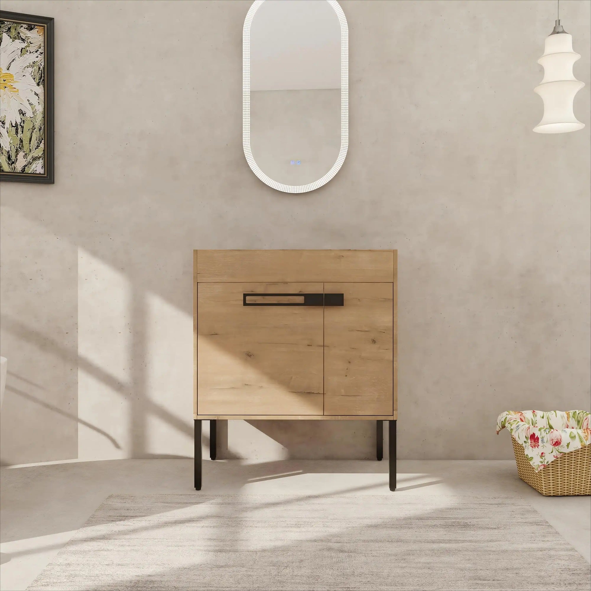 30" freestanding single bathroom vanity with sink in modern bathroom setting with mirror, wood-tone cabinet, and metal legs | Ace Decor
