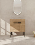 30" freestanding single bathroom vanity with sink in modern bathroom setting with mirror, wood-tone cabinet, and metal legs | Ace Decor