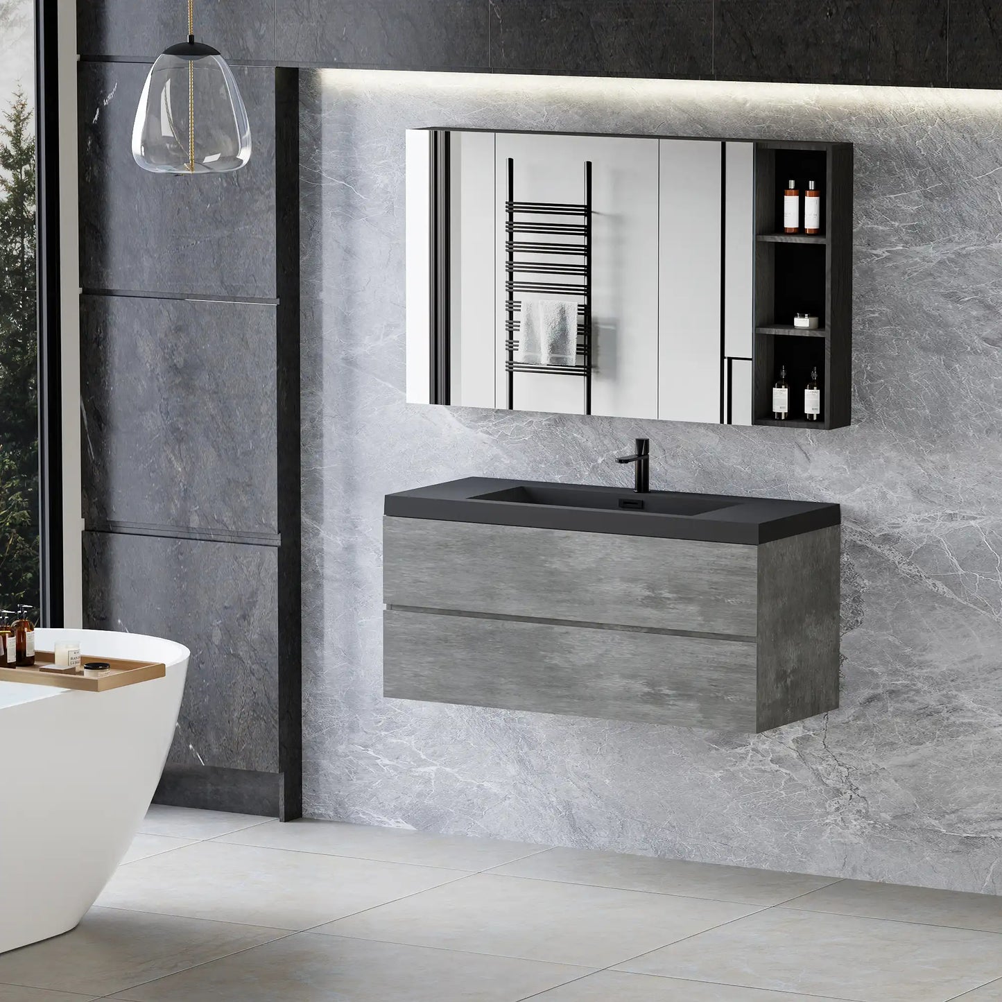 Floating Bathroom Vanity with Quartz Sand Basin and Soft Close Drawers color: Grey