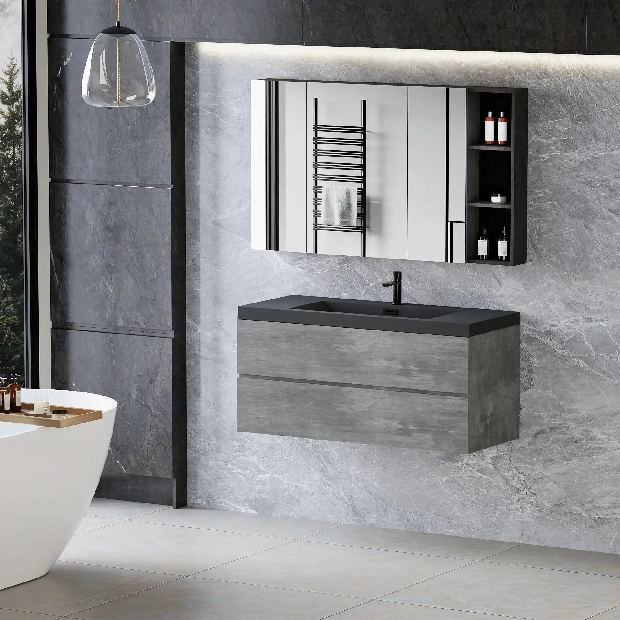 Floating Bathroom Vanity with Quartz Sand Basin and Soft Close Drawers color: Grey