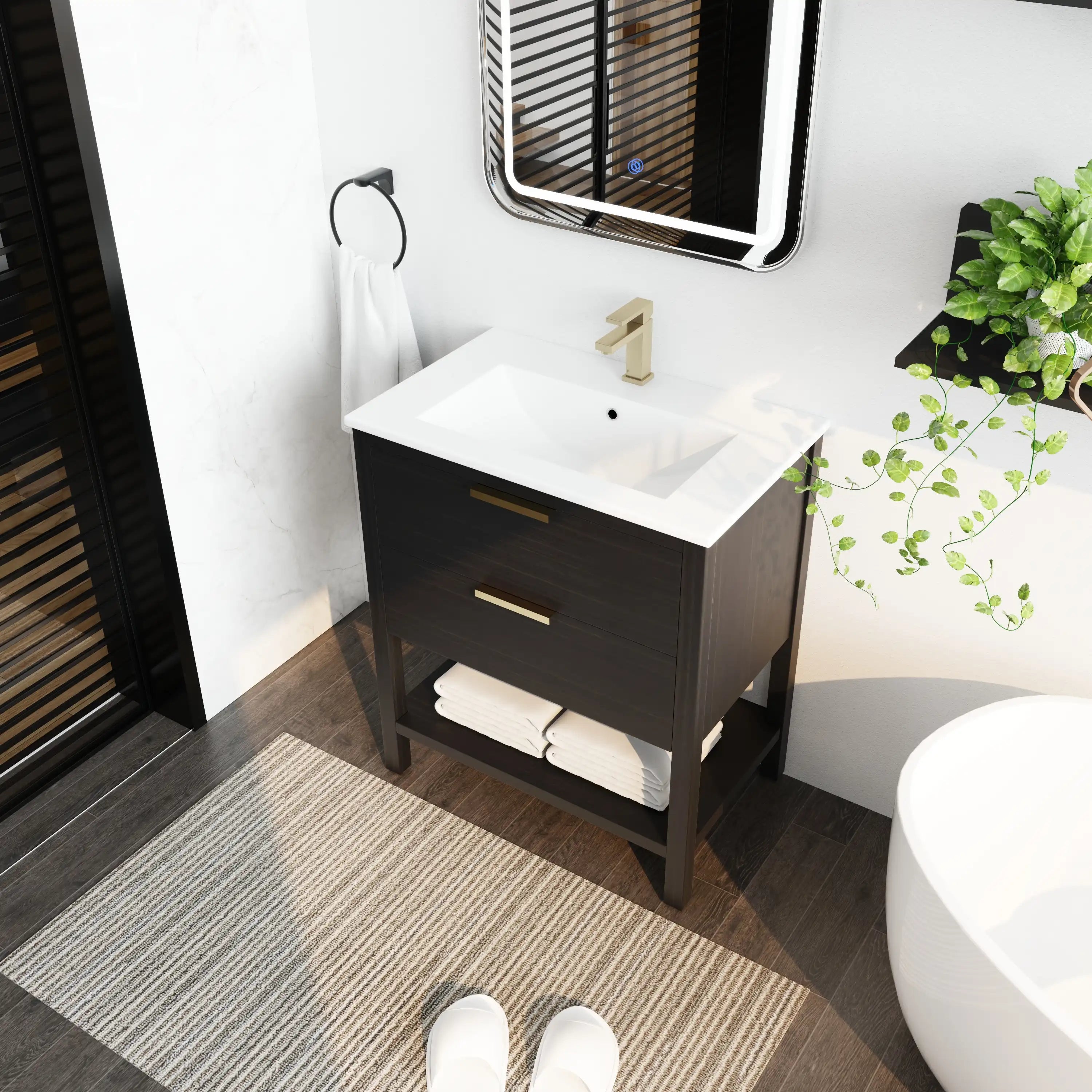 30" black vanity bathroom angled view with white integrated sink and compact storage.