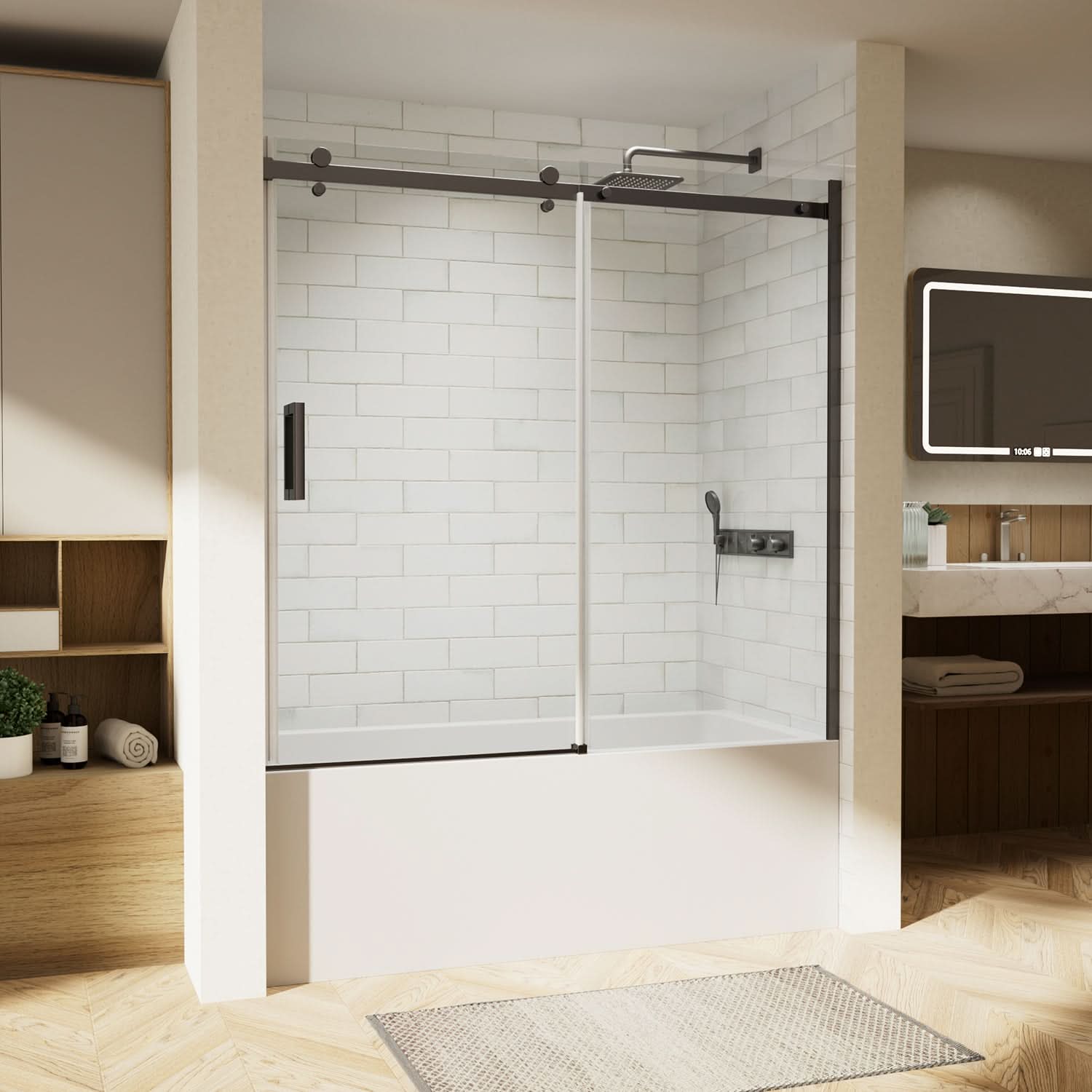 A modern sliding glass shower door with matte black hardware, set over a bathtub with classic white subway tile walls. | ACE DECOR