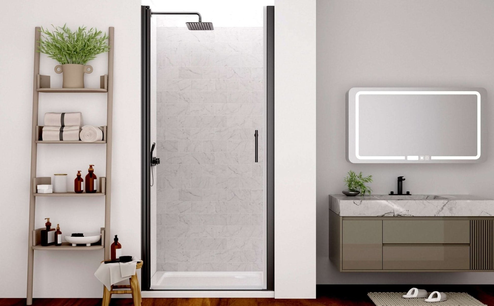 framed pivot shower door color:matte black