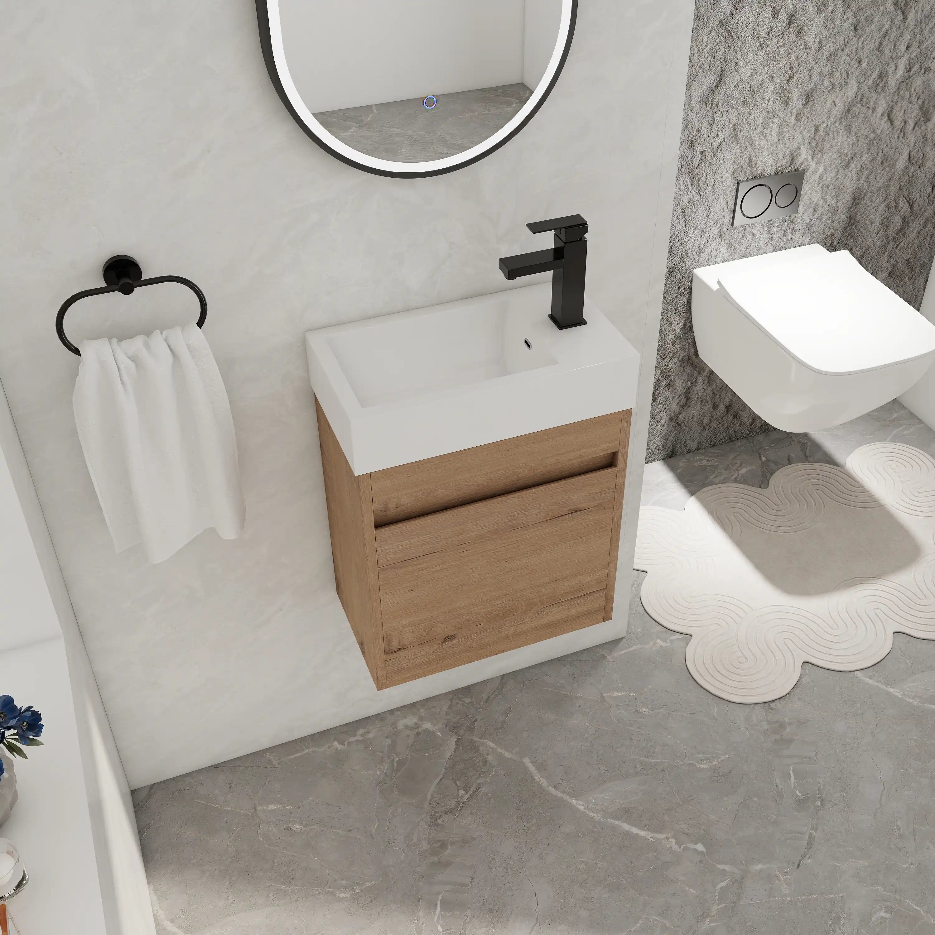 Side bathroom scene showing 18" wall mount bathroom sink vanity installed beside wall-mounted toilet.