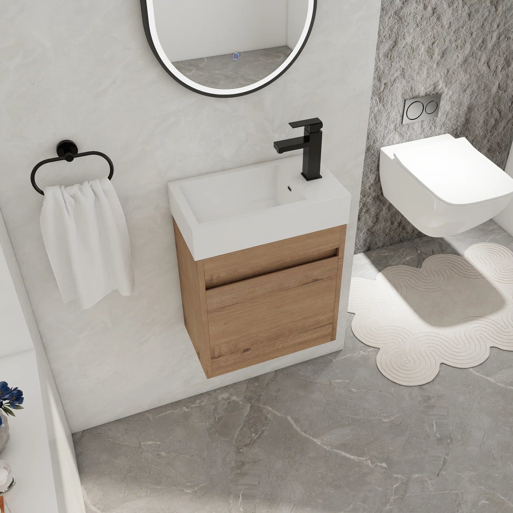 Side bathroom scene showing 18" wall mount bathroom sink vanity installed beside wall-mounted toilet | Ace Decor