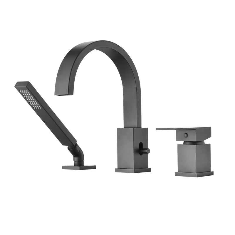 FLUNIX Matte Black Brass Waterfall Roman Deck Mounted Tub Faucet Set with Hand Shower