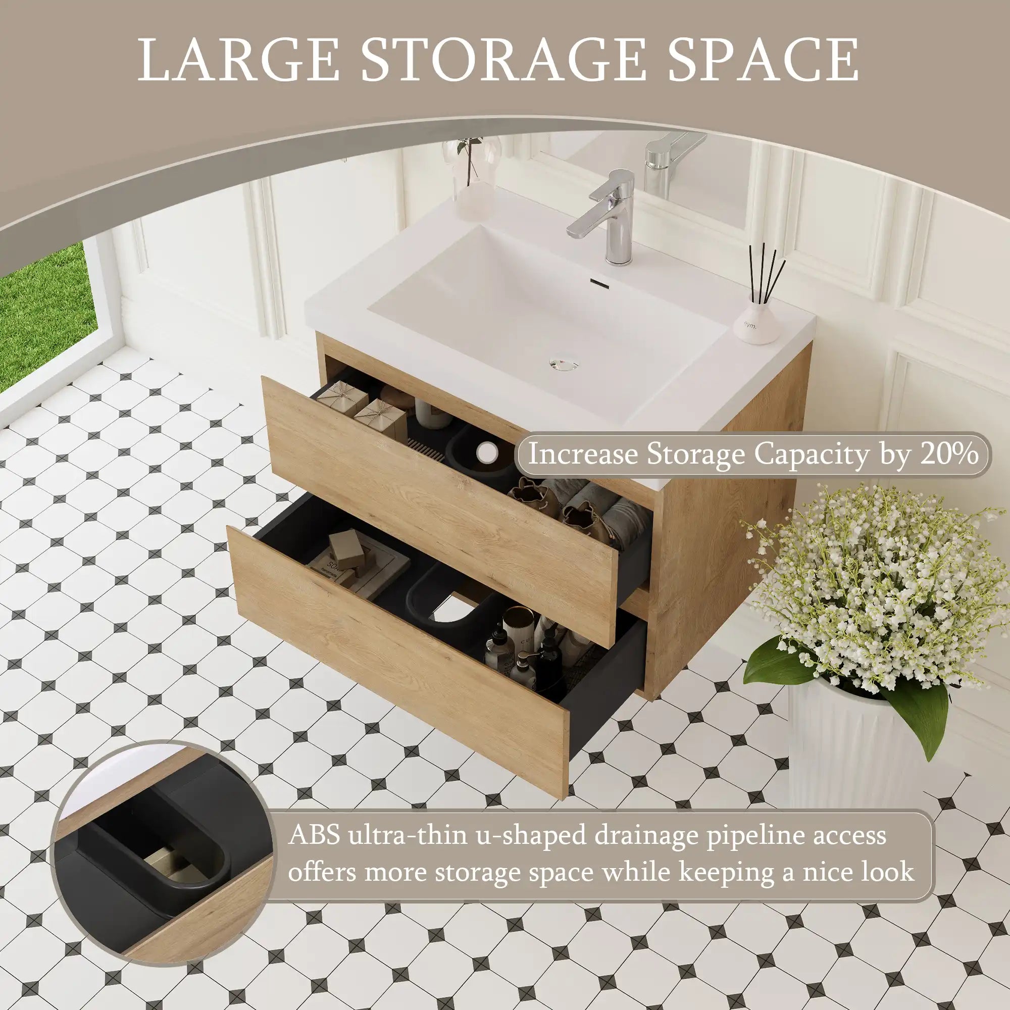 Oakmere Series 30" Natural Oak Bathroom Floating Vanity with Resin Sink &amp; 2 Soft-Close Drawers