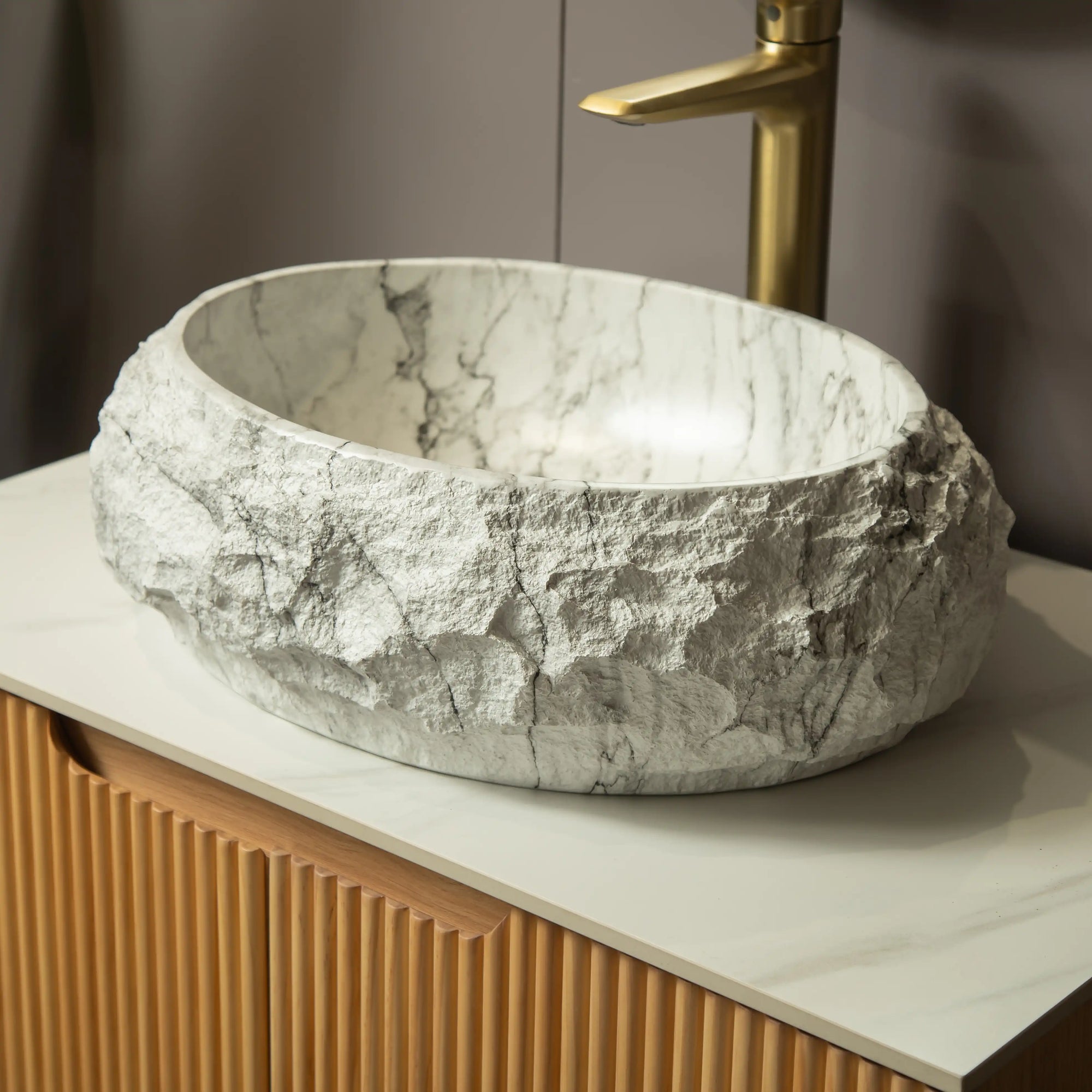 Astra Series 18&quot; Oval Sculpted Resin Stone Vessel Basin - Marble White