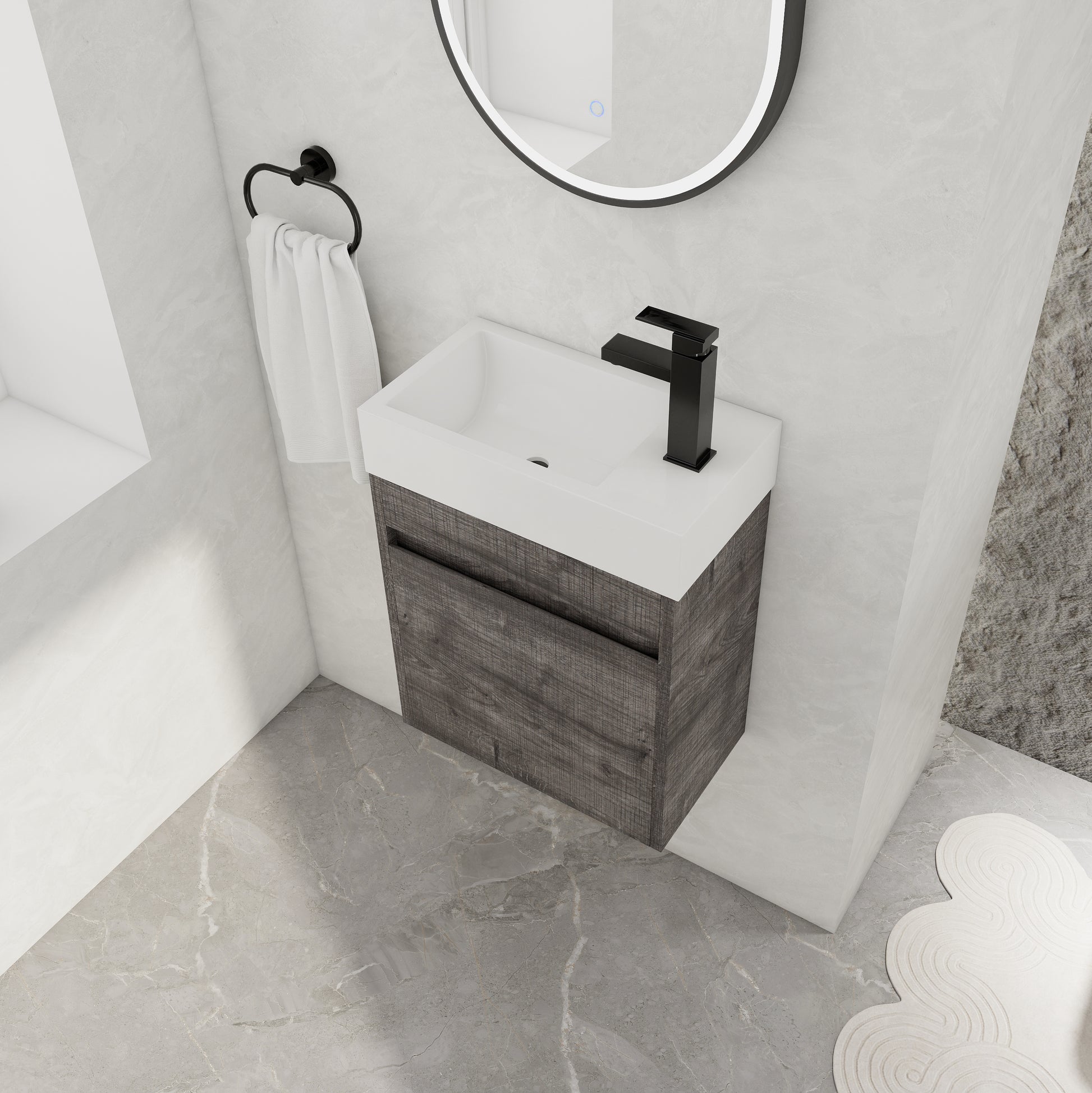 18'' Floating Bathroom Vanity with White Resin Sink & Soft-Close Door color: Plaid Grey Oak