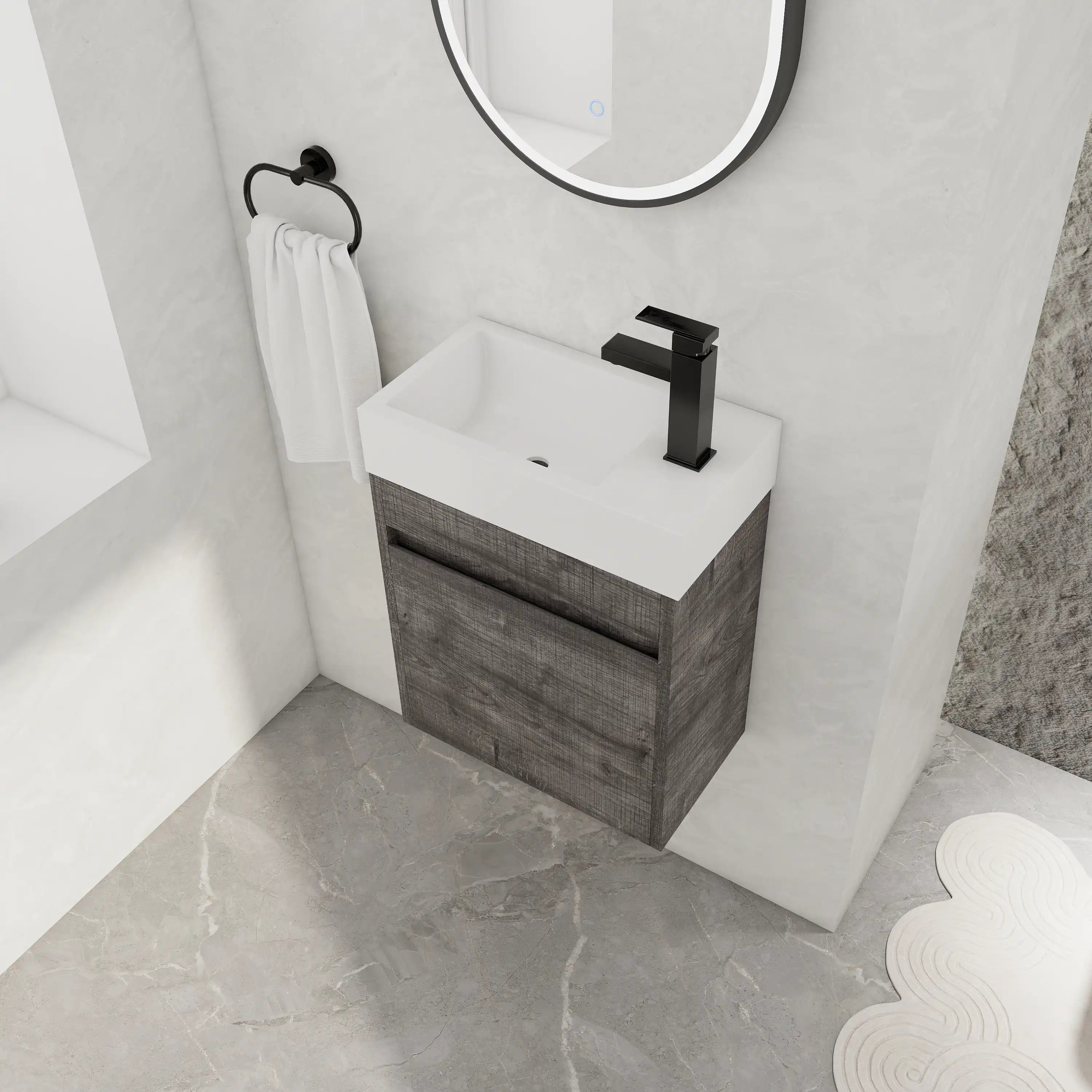 Aeris Series 18" Plaid Grey wall-mounted vanity with integrated sink, low diagonal view showing side profile and grey marble flooring.