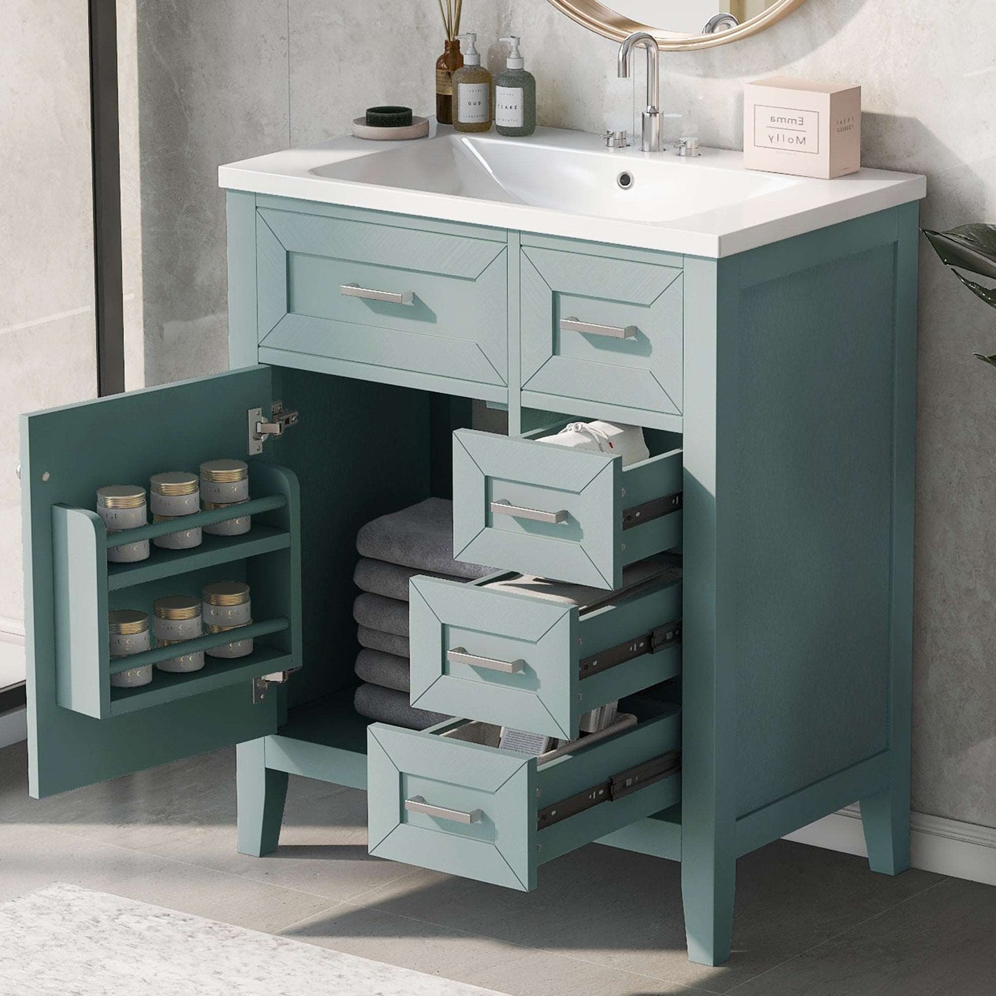 bathroom cabinet with drawers color:green