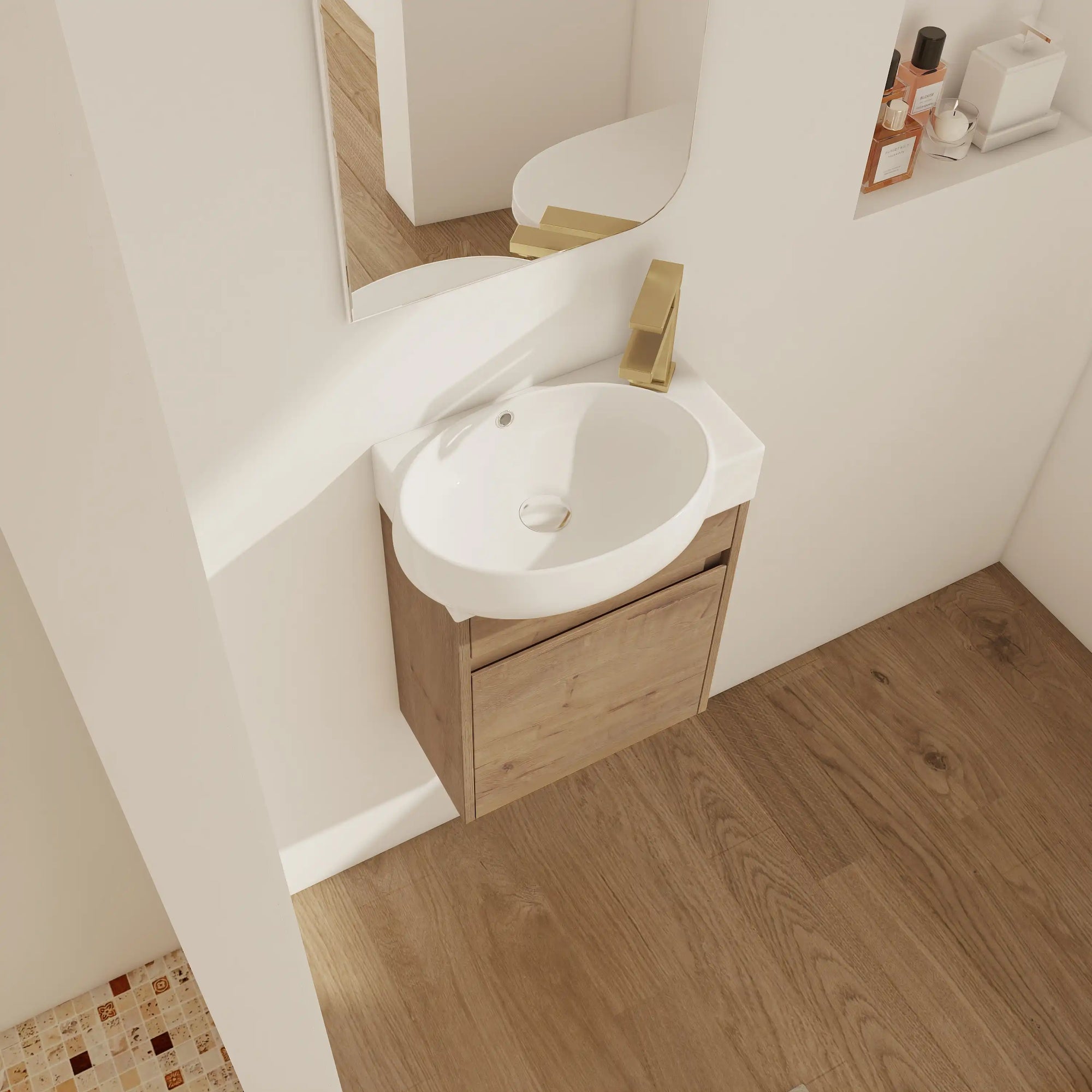 16" single floating bathroom vanity installed in a small modern bathroom space