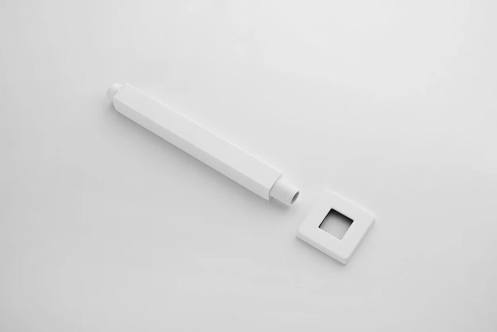 White ceiling-mount shower arm with matching square escutcheon plate.