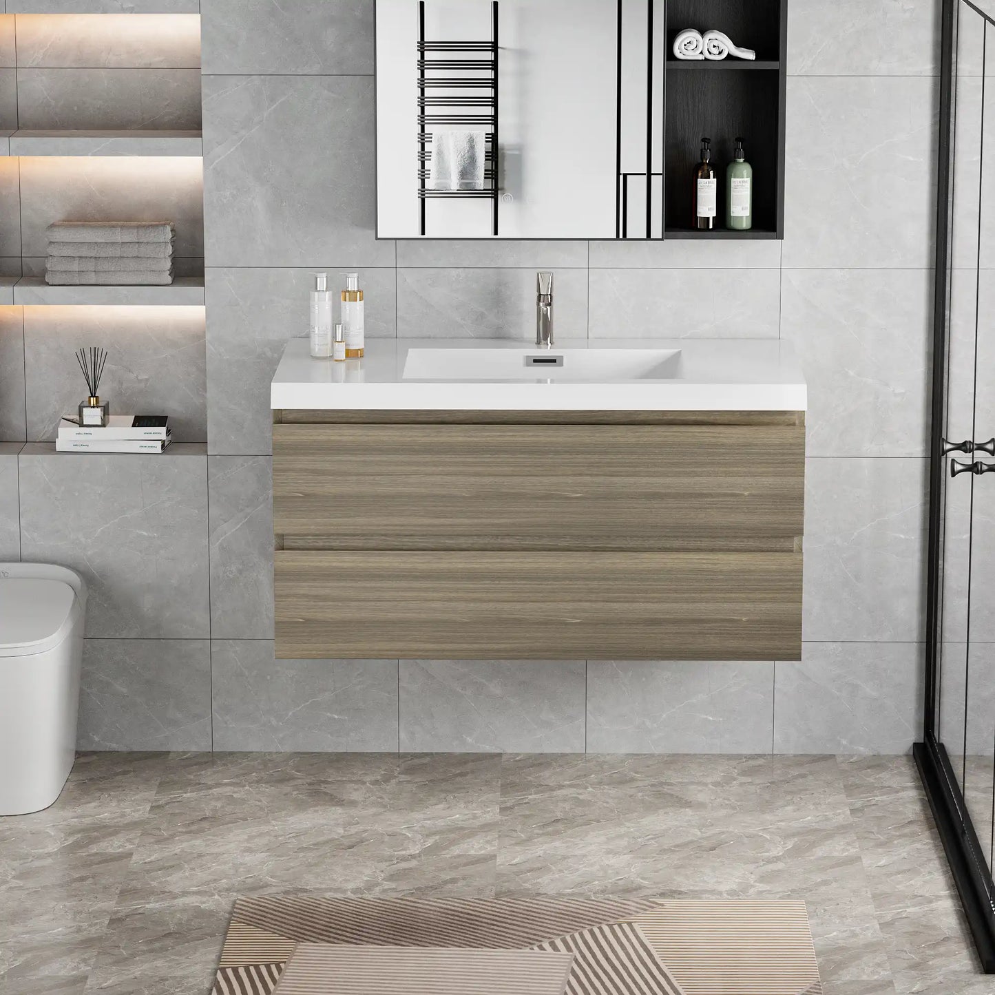 Floating Bathroom Vanity with Resin Top Basin & Soft Close Drawers - Modern Wall-Mounted Storage Cabinet color: Ash Grey