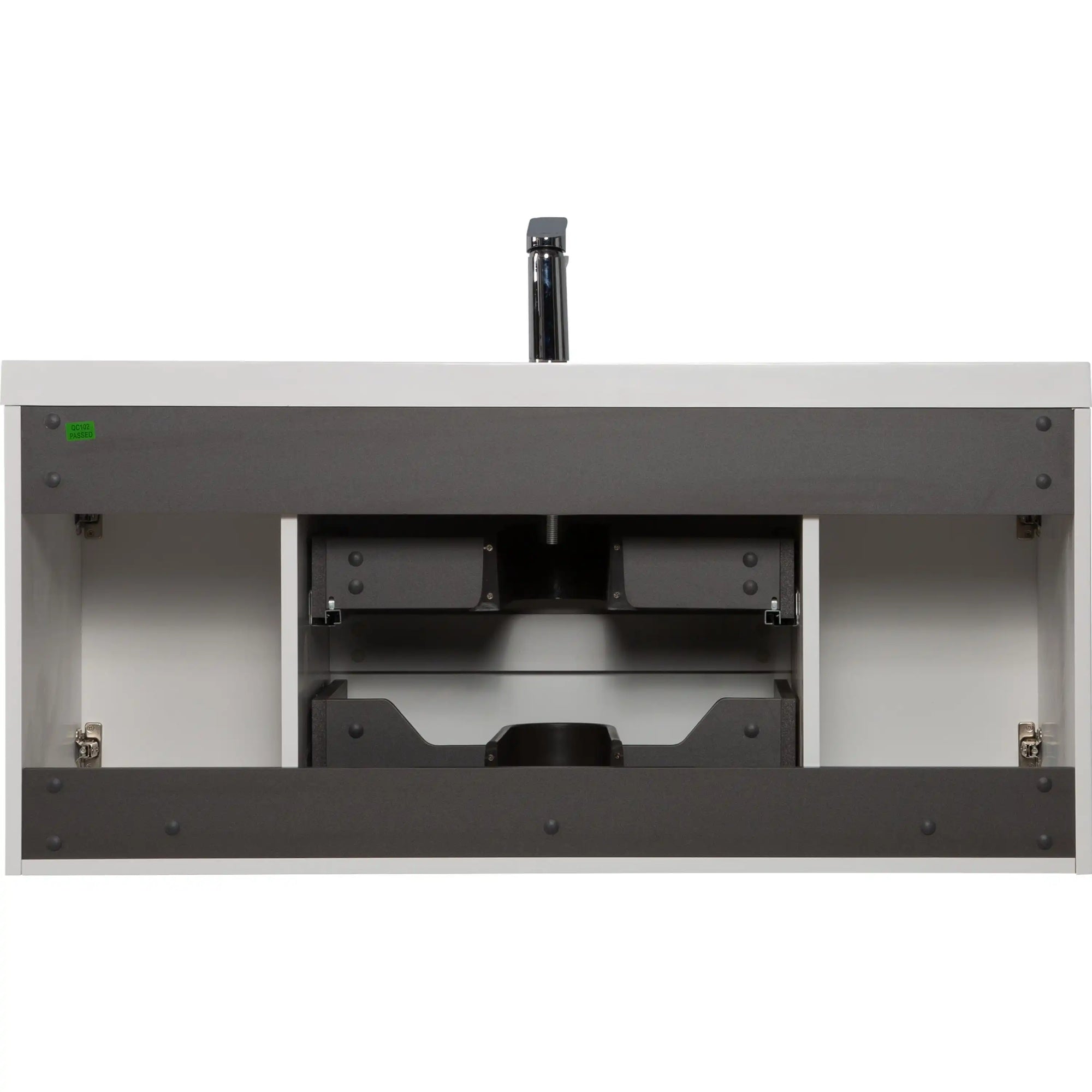 48 inch white floating bathroom vanity showing internal structure and U-shaped drawer clearance | Ace Decor